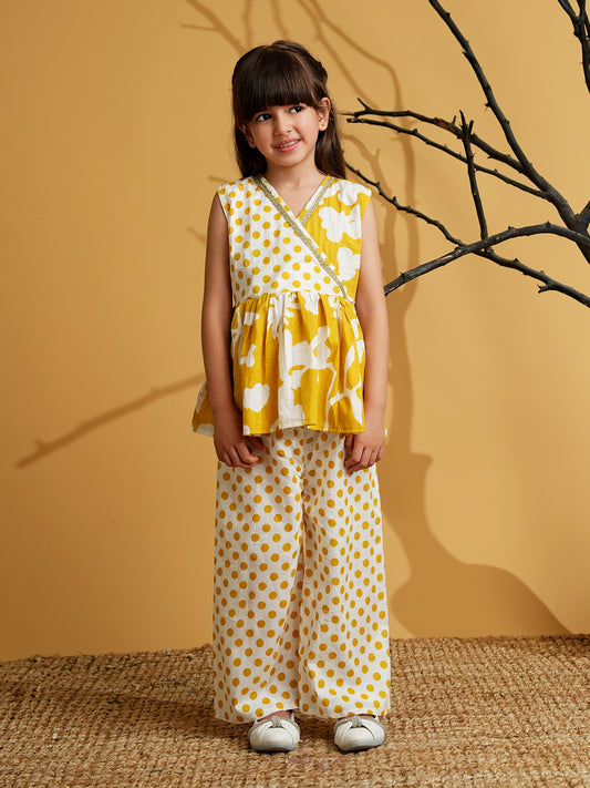 AJ Dezines Mustard Cotton Sleeveless Polka Dot Print Girls Co-Ords