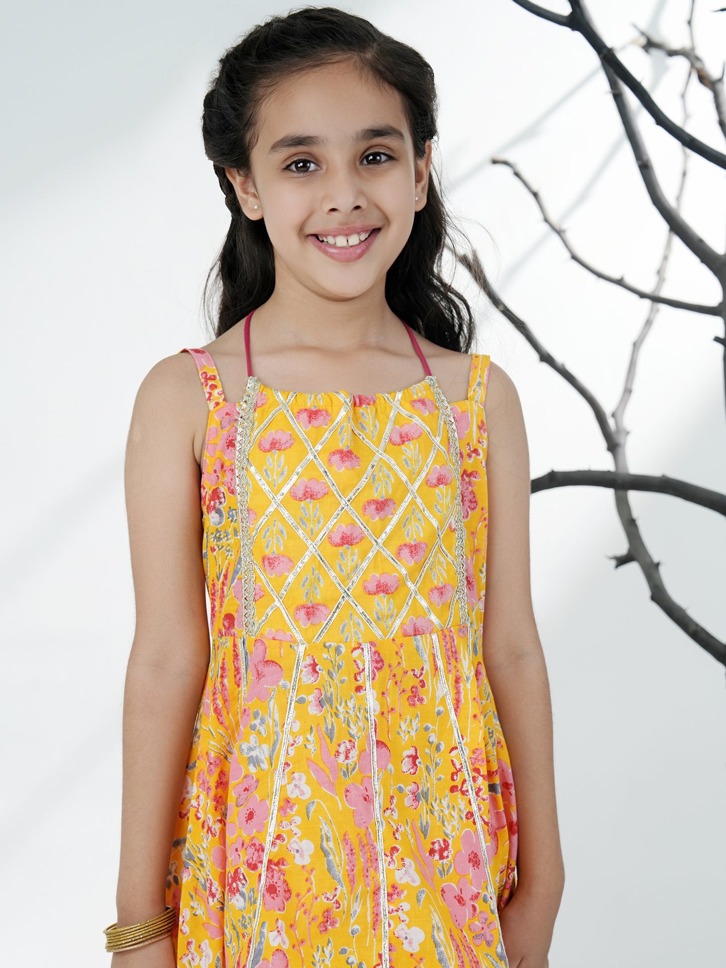 Aj Dezines Yellow Cotton Sleeveless Floral Print Girls Kurti and Sharara Set with Gotta Work