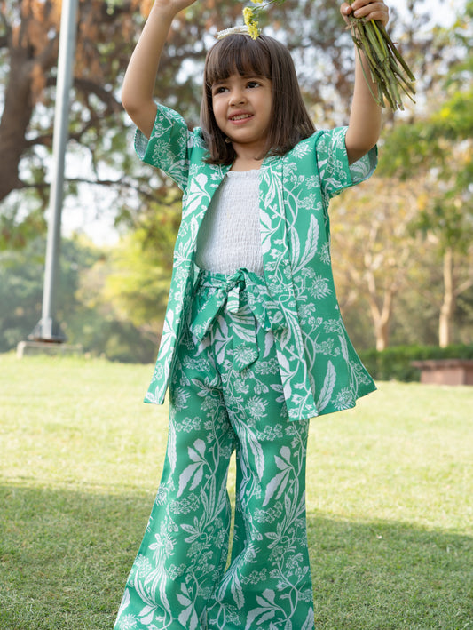 Kids Girls Green Tropical Print Cotton CO-Ords Set