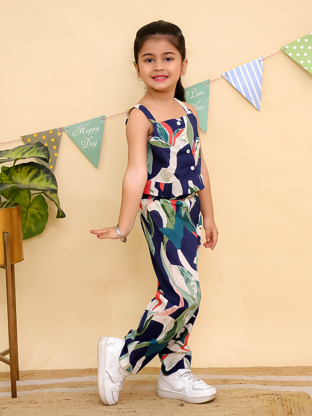 Blue Sleeveless Tropical Cotton Co-Ord Sets For Girls