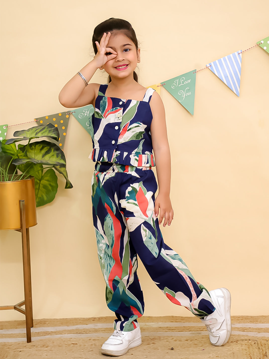 Blue Sleeveless Tropical Cotton Co-Ord Sets For Girls