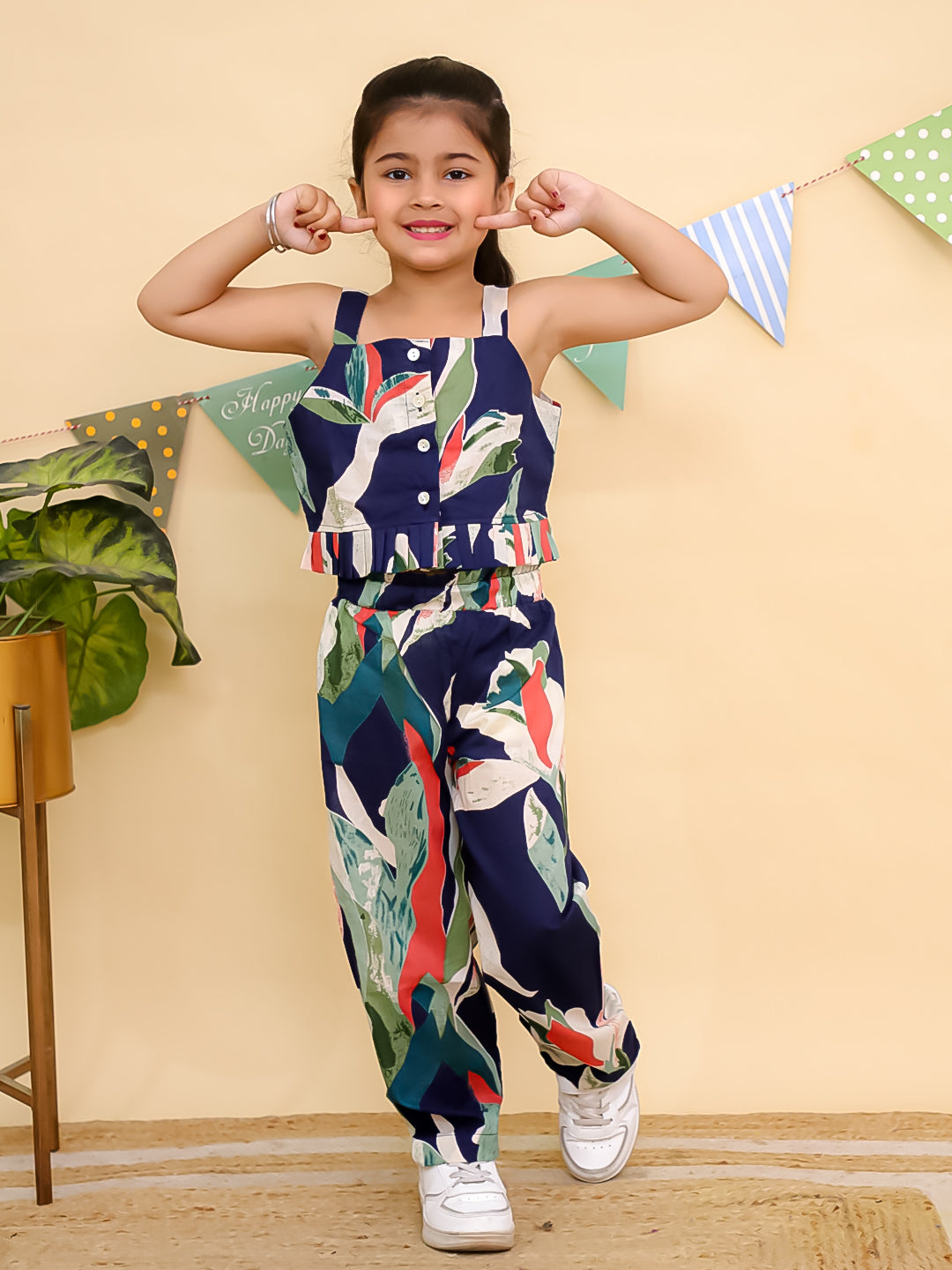 AJ Dezines Blue Sleeveless Tropical Cotton Co-Ord Sets For Girls