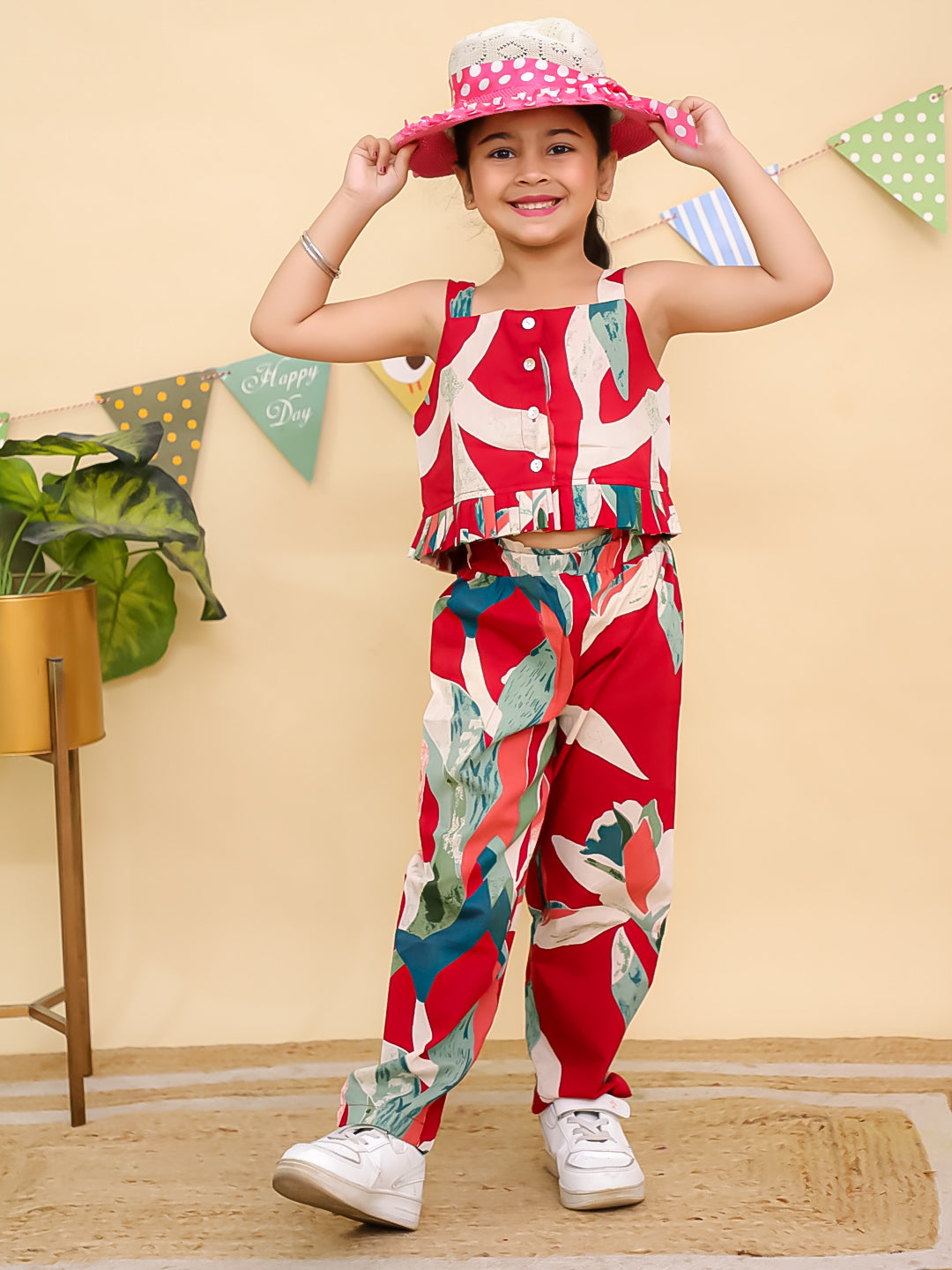 Red Sleeveless Tropical Cotton Co-Ord Sets For Girls