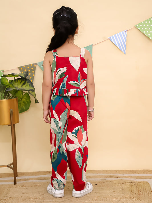 AJ Dezines Red Sleeveless Tropical Cotton Co-Ord Sets For Girls
