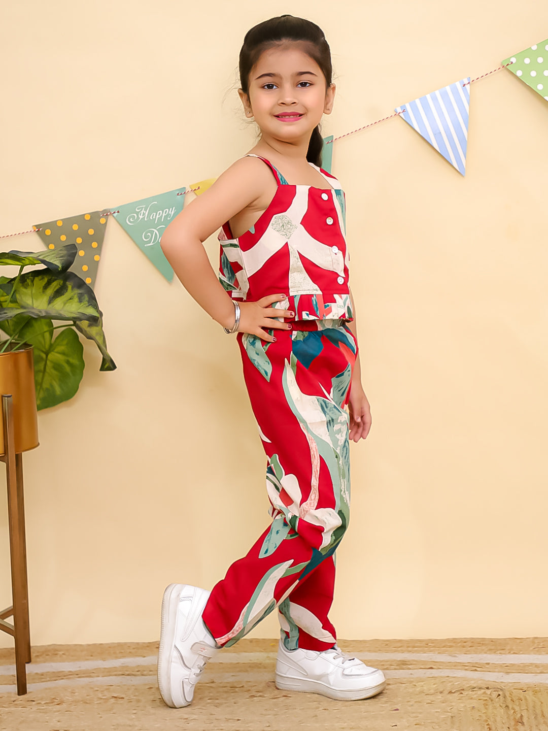 AJ Dezines Red Sleeveless Tropical Cotton Co-Ord Sets For Girls