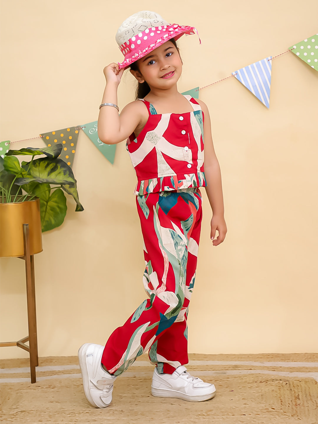 Red Sleeveless Tropical Cotton Co-Ord Sets For Girls