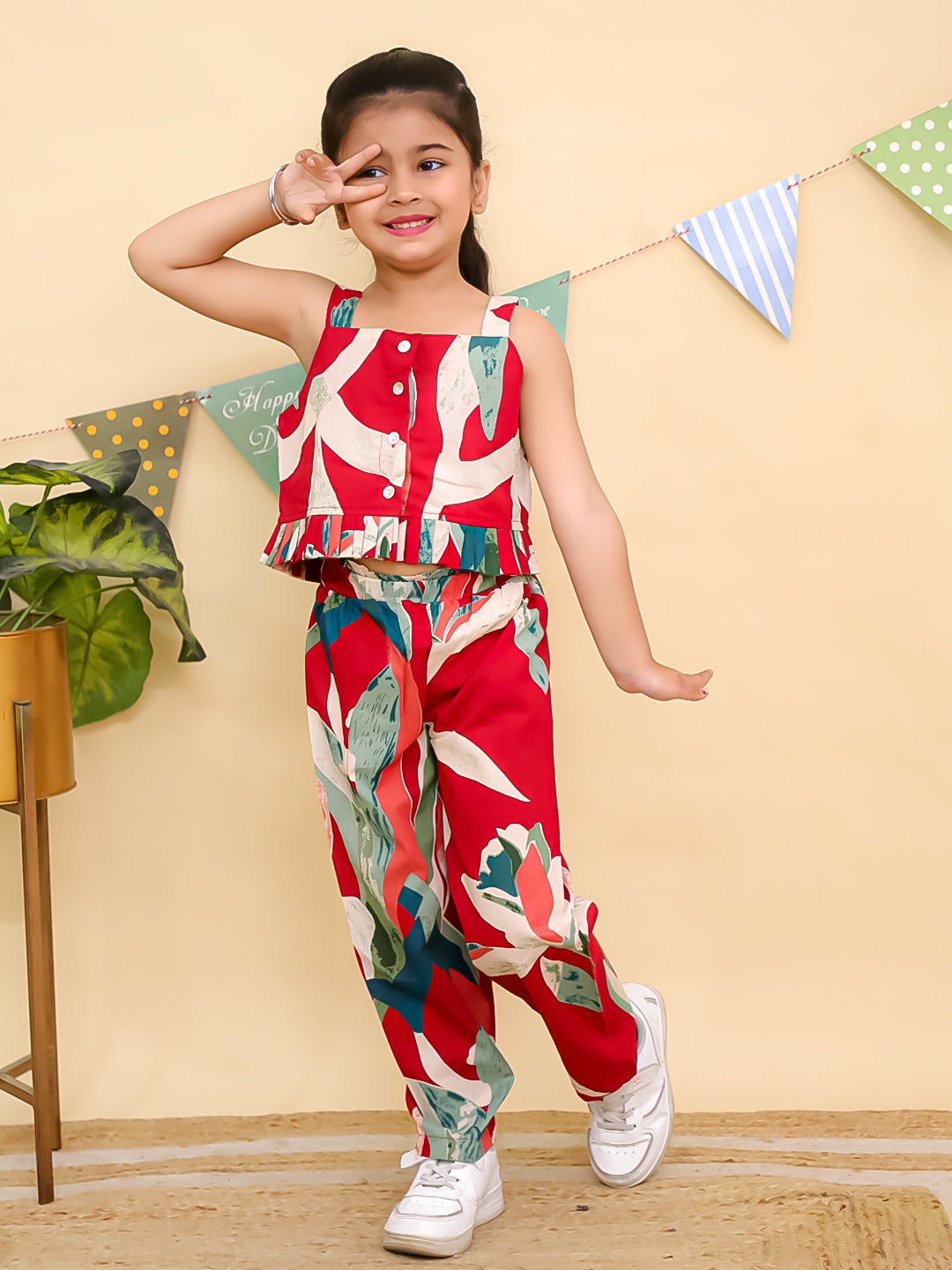 Red Sleeveless Tropical Cotton Co-Ord Sets For Girls