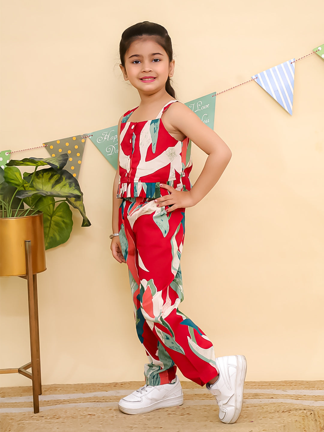 AJ Dezines Red Sleeveless Tropical Cotton Co-Ord Sets For Girls