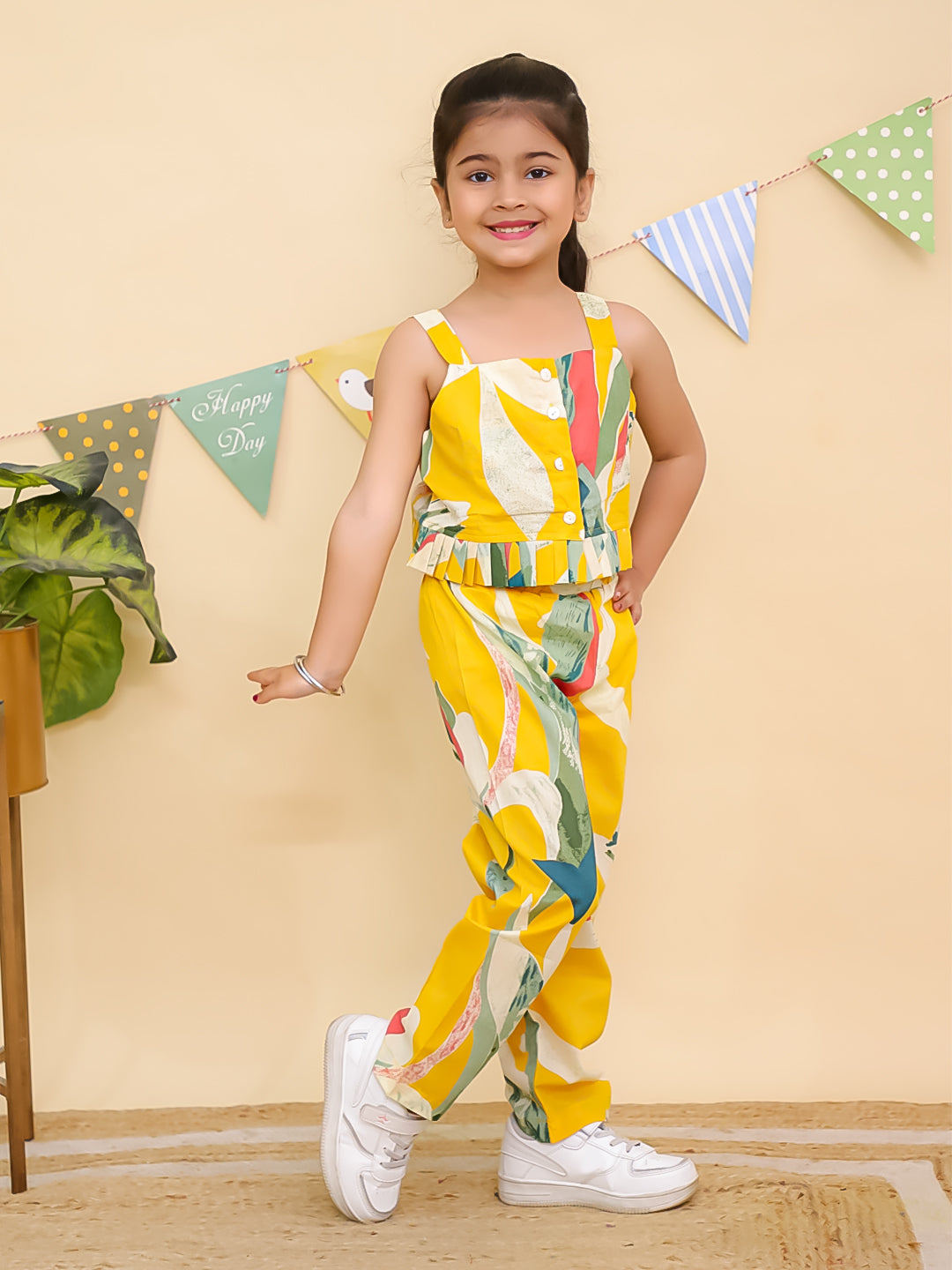 Yellow Sleeveless Tropical Cotton Co-Ord Sets For Girls - AJ Dezines