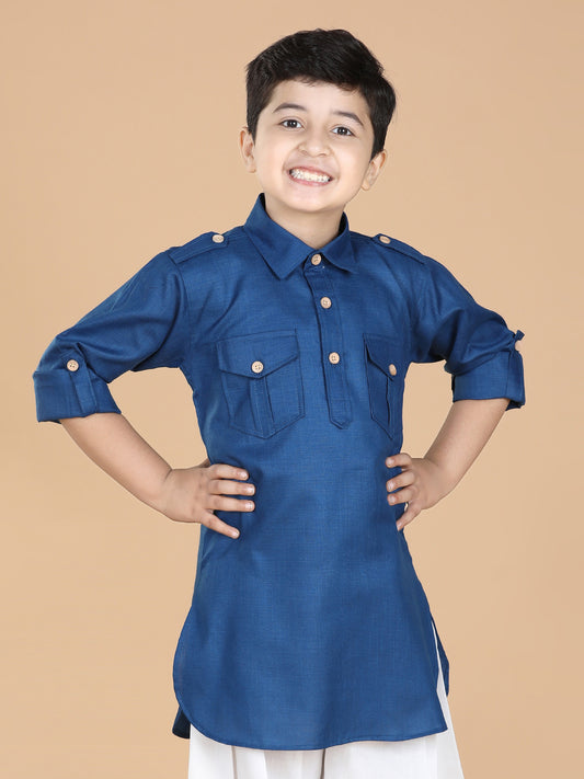 Kids Boys Blue Solid Cotton Kurta