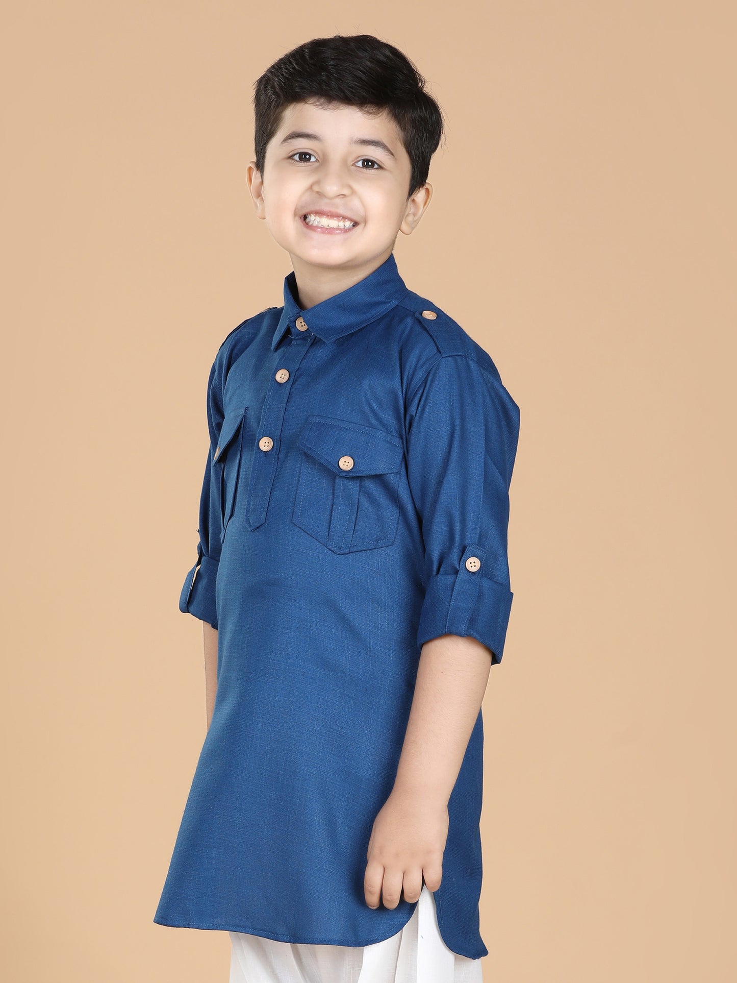 Kids Boys Blue Solid Cotton Kurta