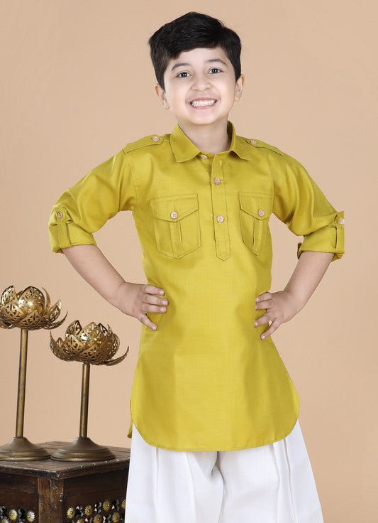 Kids Boys Green Solid Cotton Kurta