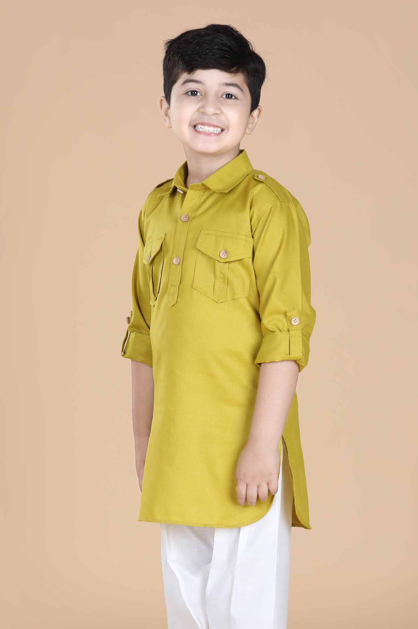 Kids Boys Green Solid Cotton Kurta