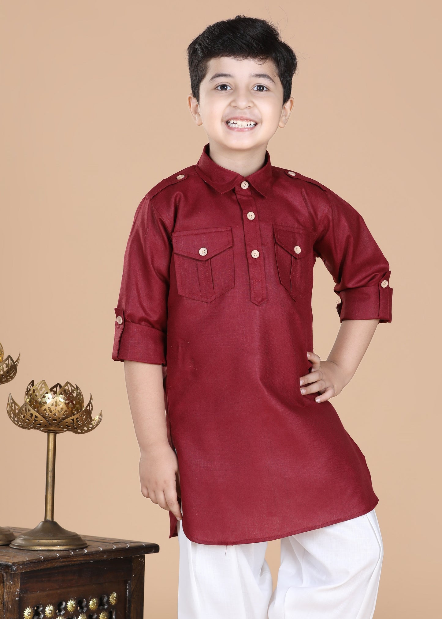 Kids Boys Maroon Solid Cotton Kurta