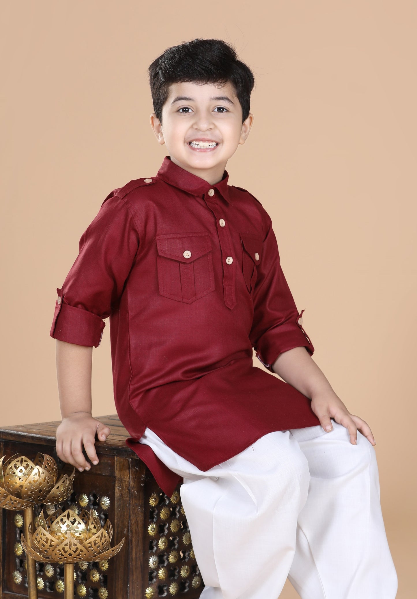 Kids Boys Maroon Solid Cotton Kurta