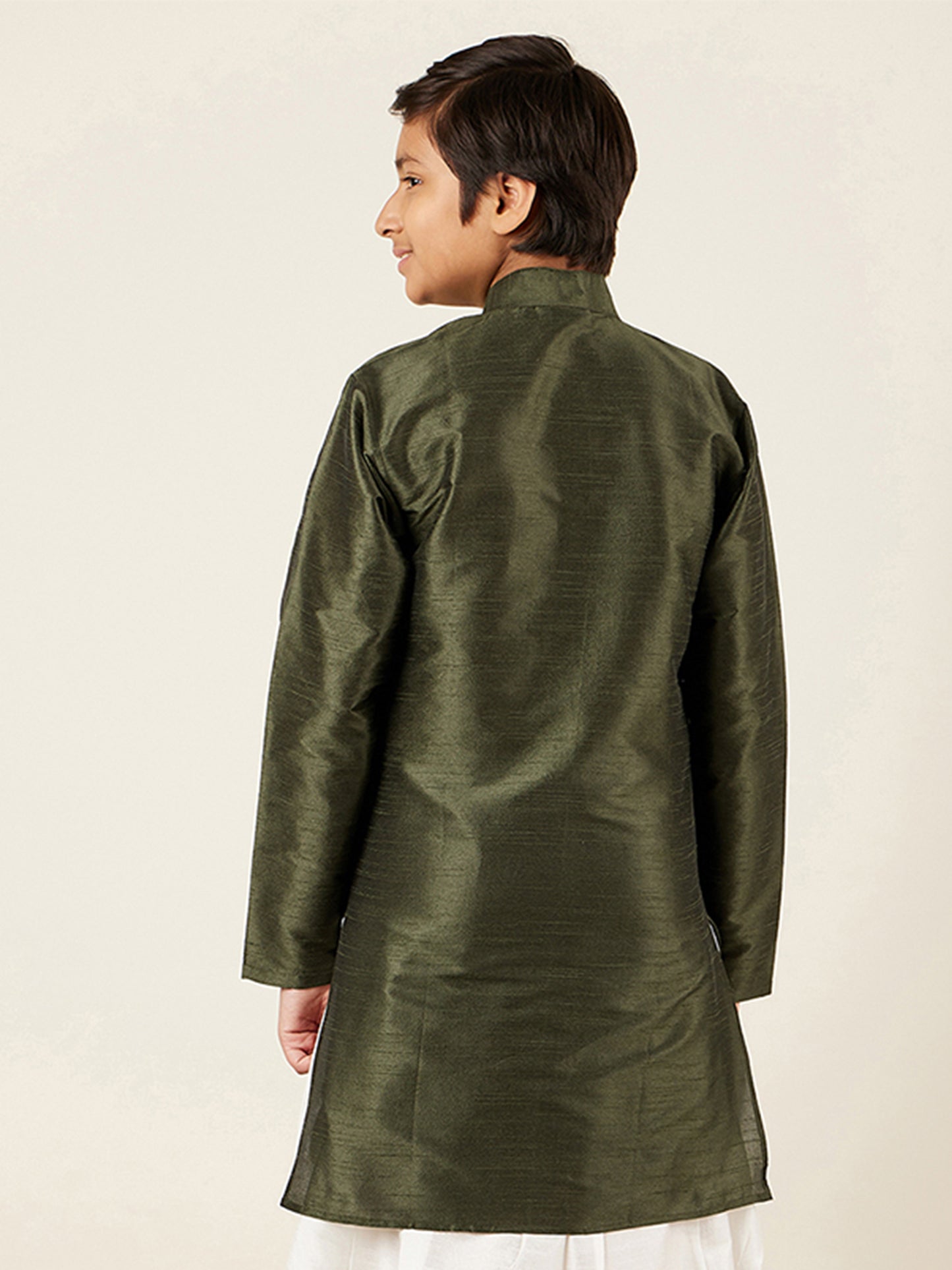 Kids Boys Green Solid Silk Blend Kurta Pyjama Set