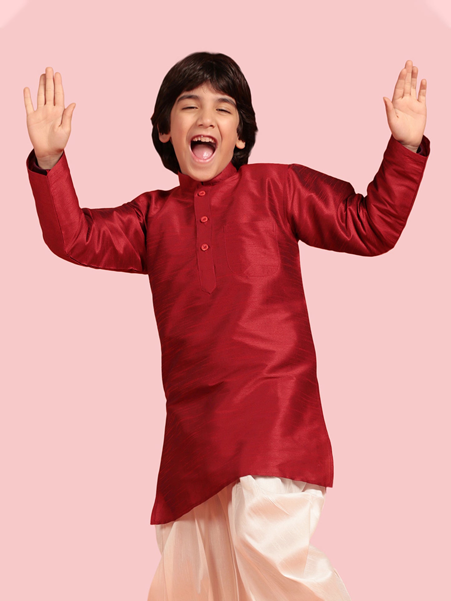 Kids Boys Maroon Solid Silk Blend Kurta Pyjama Set