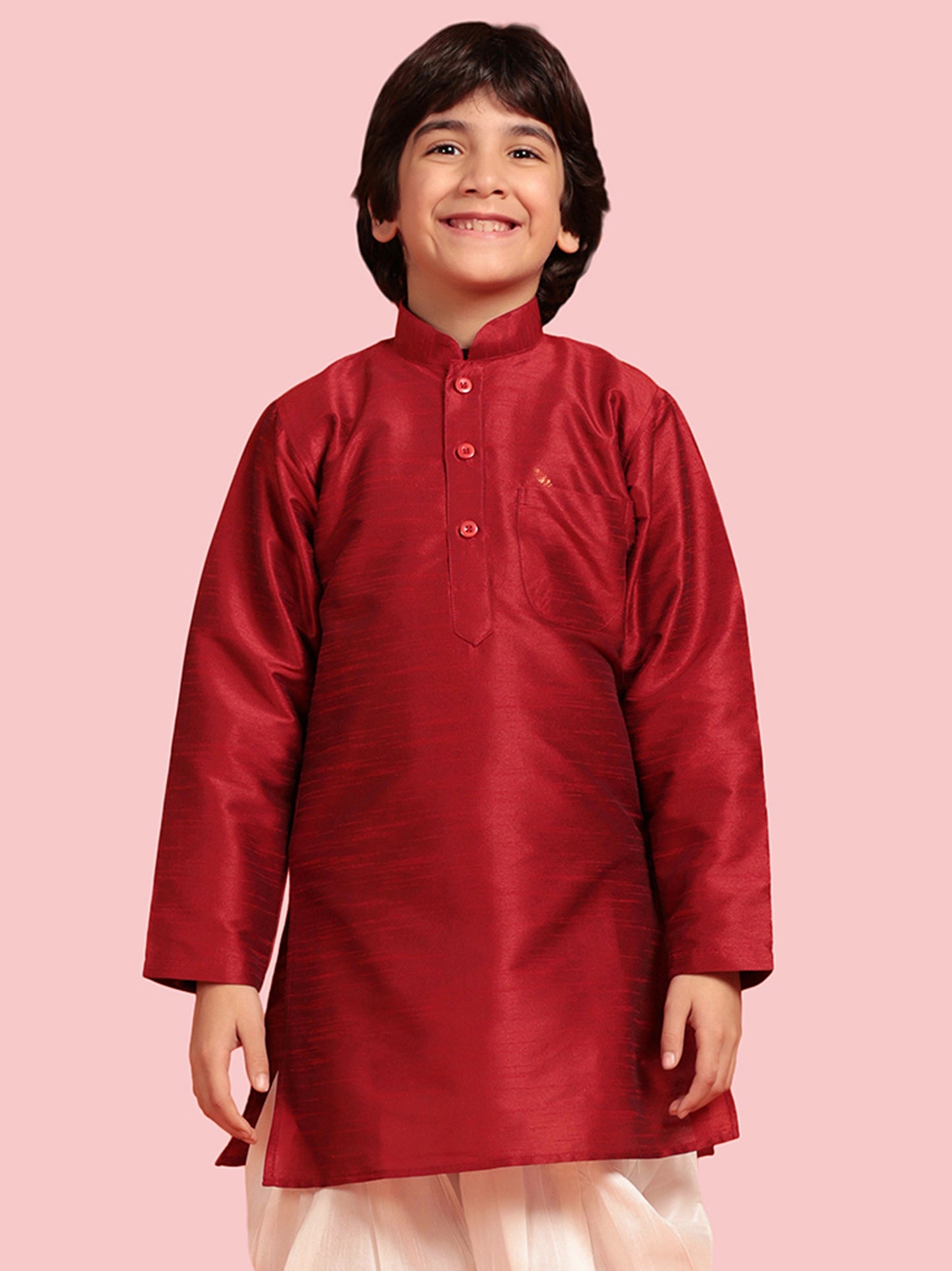 Kids Boys Maroon Solid Silk Blend Kurta Pyjama Set