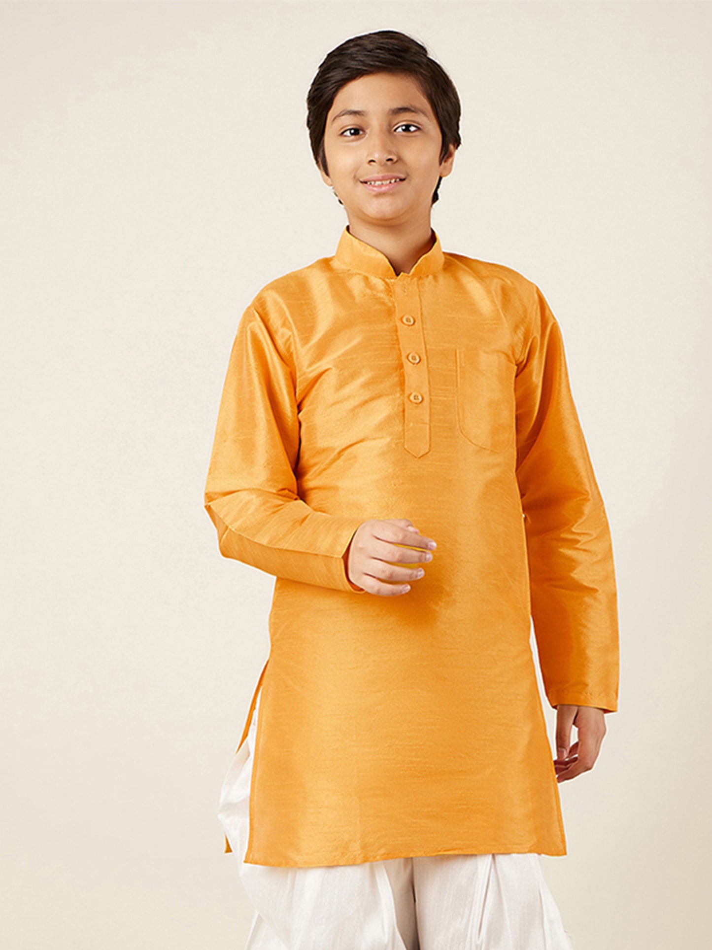 Kids Boys Yellow Solid Silk Blend Kurta