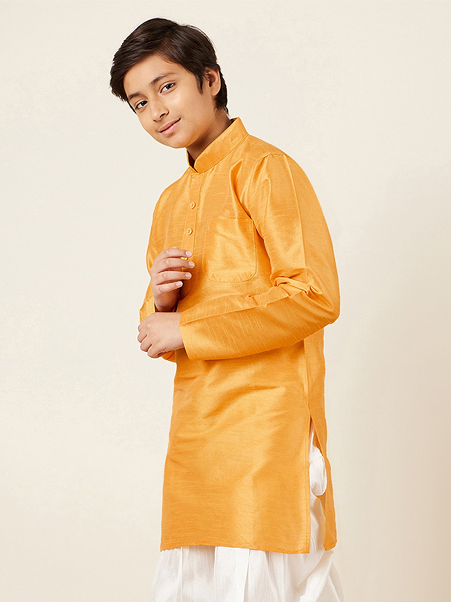 Kids Boys Yellow Solid Silk Blend Kurta