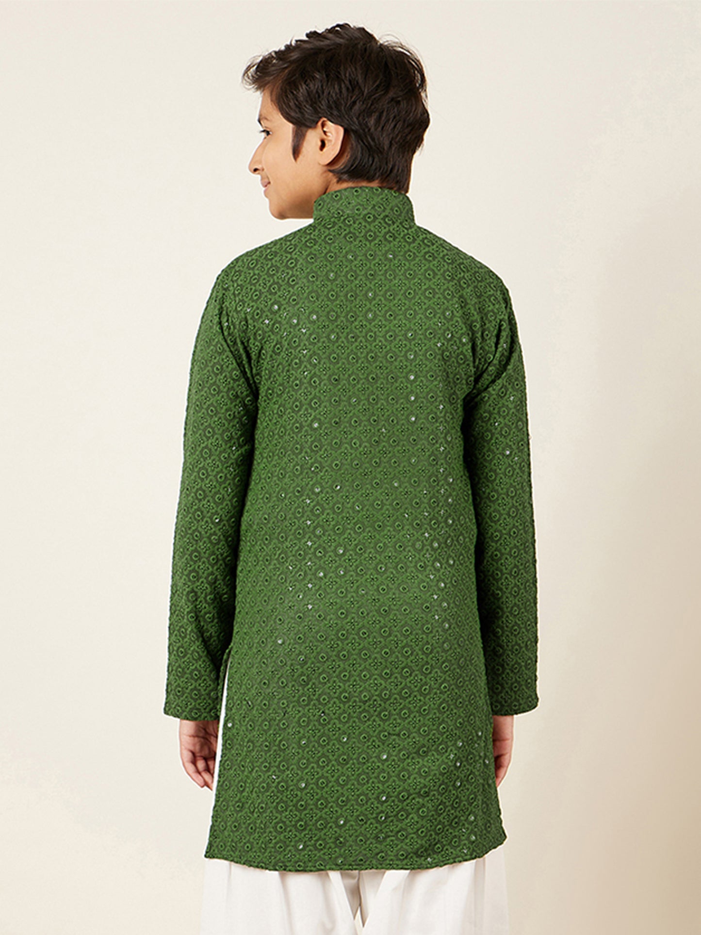 Kids Boys Green Embroidered Schiffli Kurta Pyjama Set