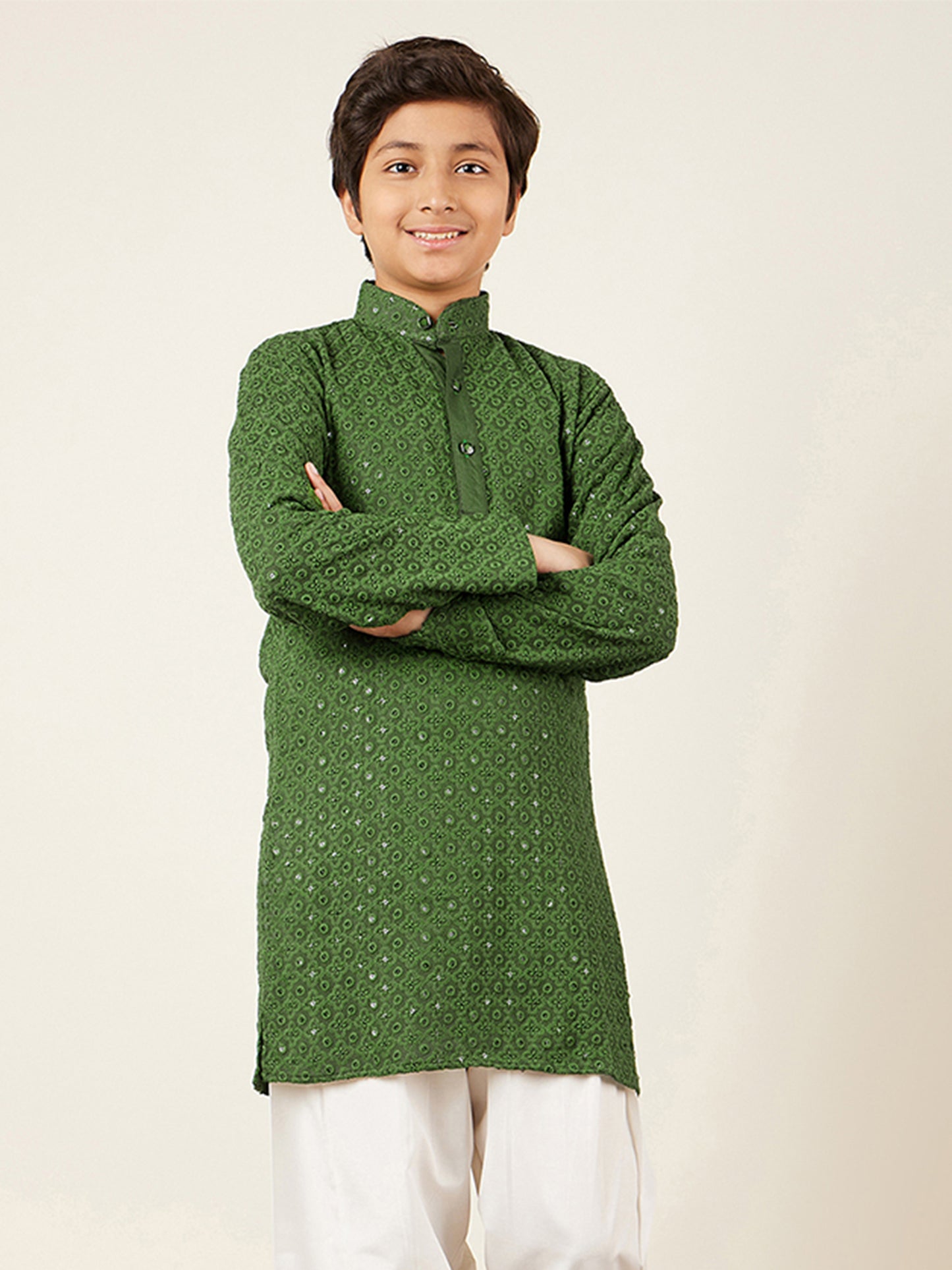 Kids Boys Green Embroidered Schiffli Kurta Pyjama Set