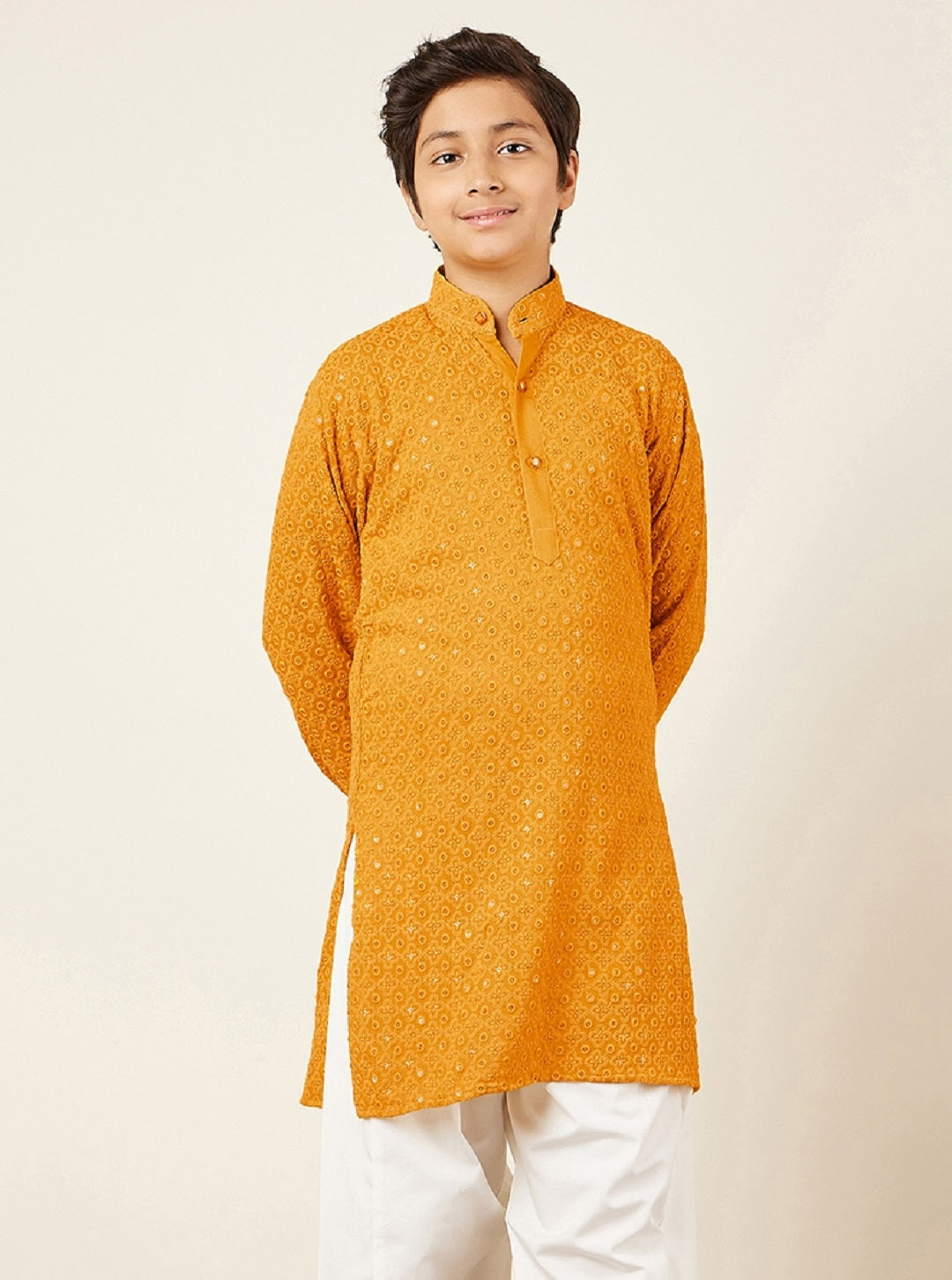 Kids Boys Yellow Embroidered Schiffli Kurta Pyjama Set