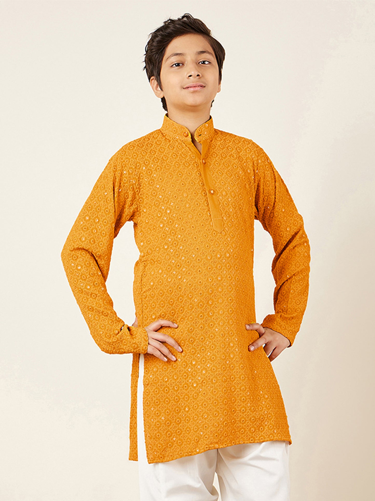 Kids Boys Yellow Embroidered Schiffli Kurta Pyjama Set