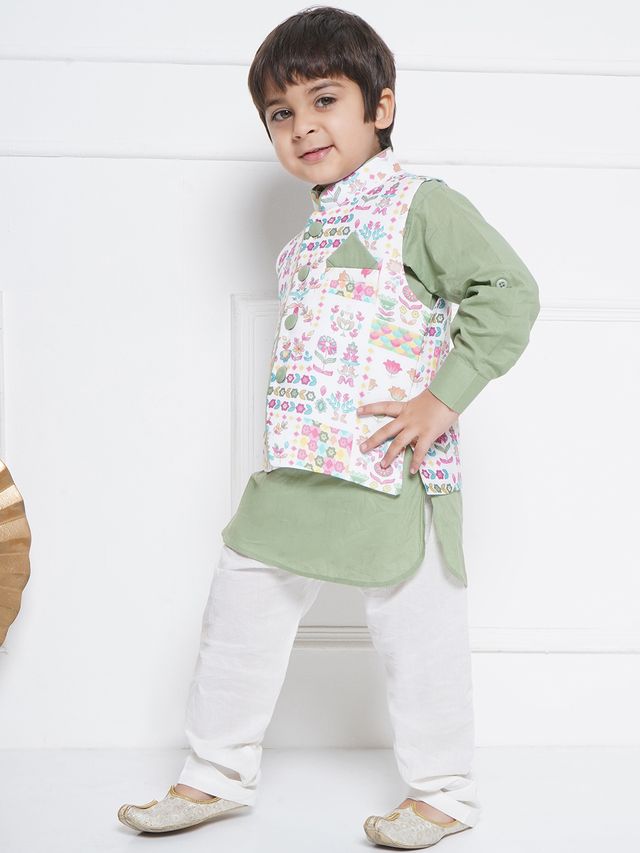 Kids Cotton Full Sleeve Printed Kurta Pajama & Waistcoat Set for Boys
