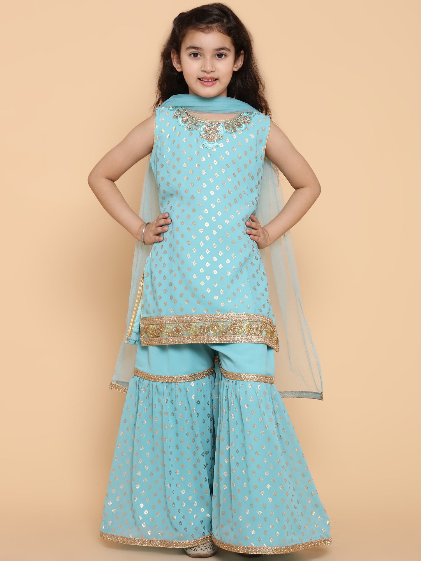 Kids Girls Firozi Foil Print Georgette Sharara