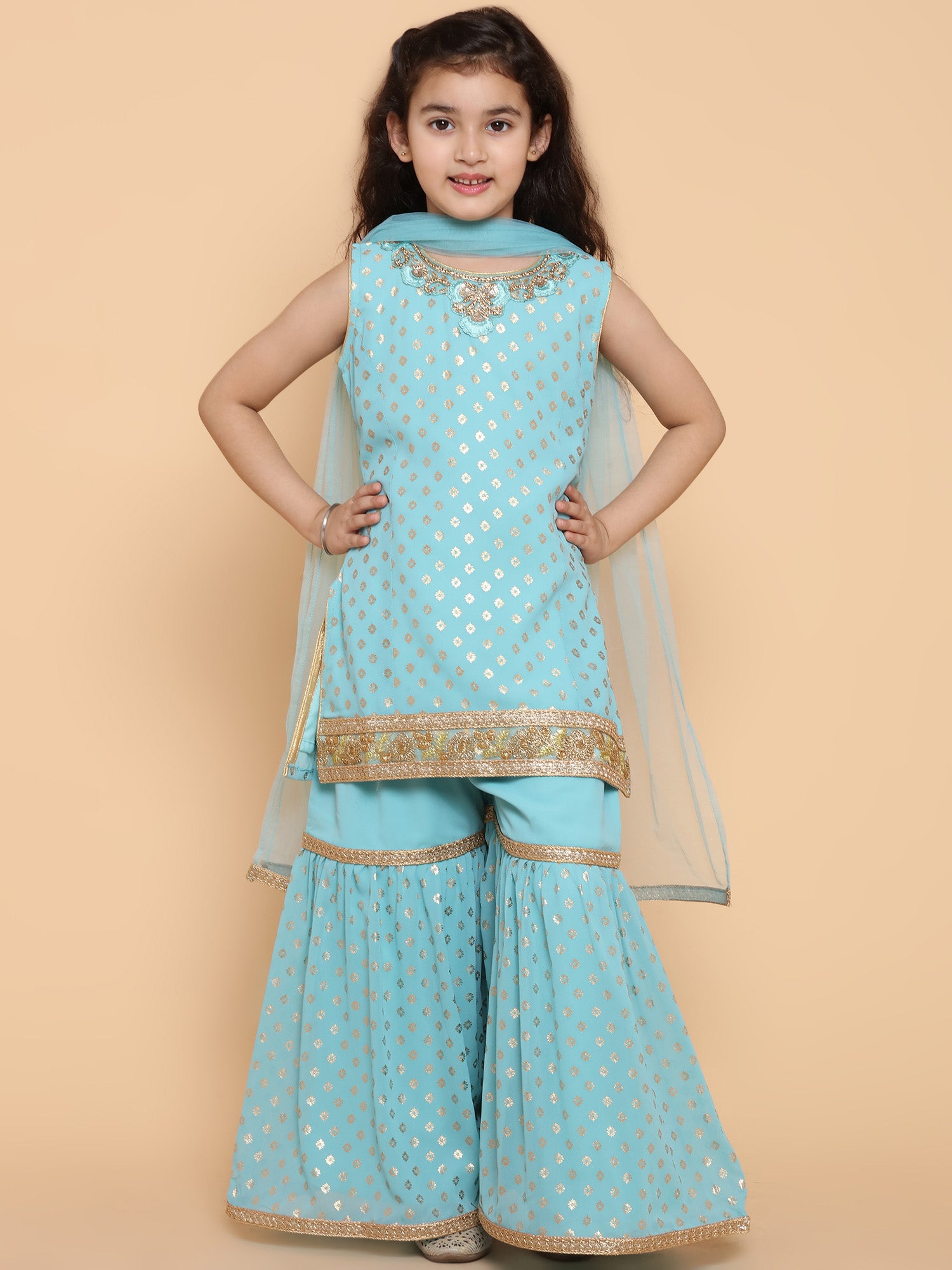 Girls Firozi Foil Print Georgette Sharara for Kids