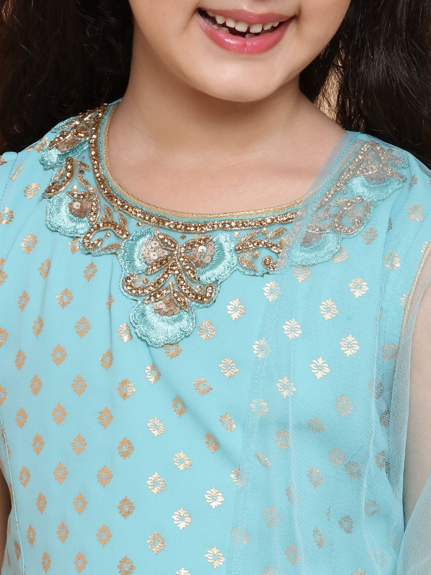 Girls Firozi Foil Print Georgette Sharara for Kids