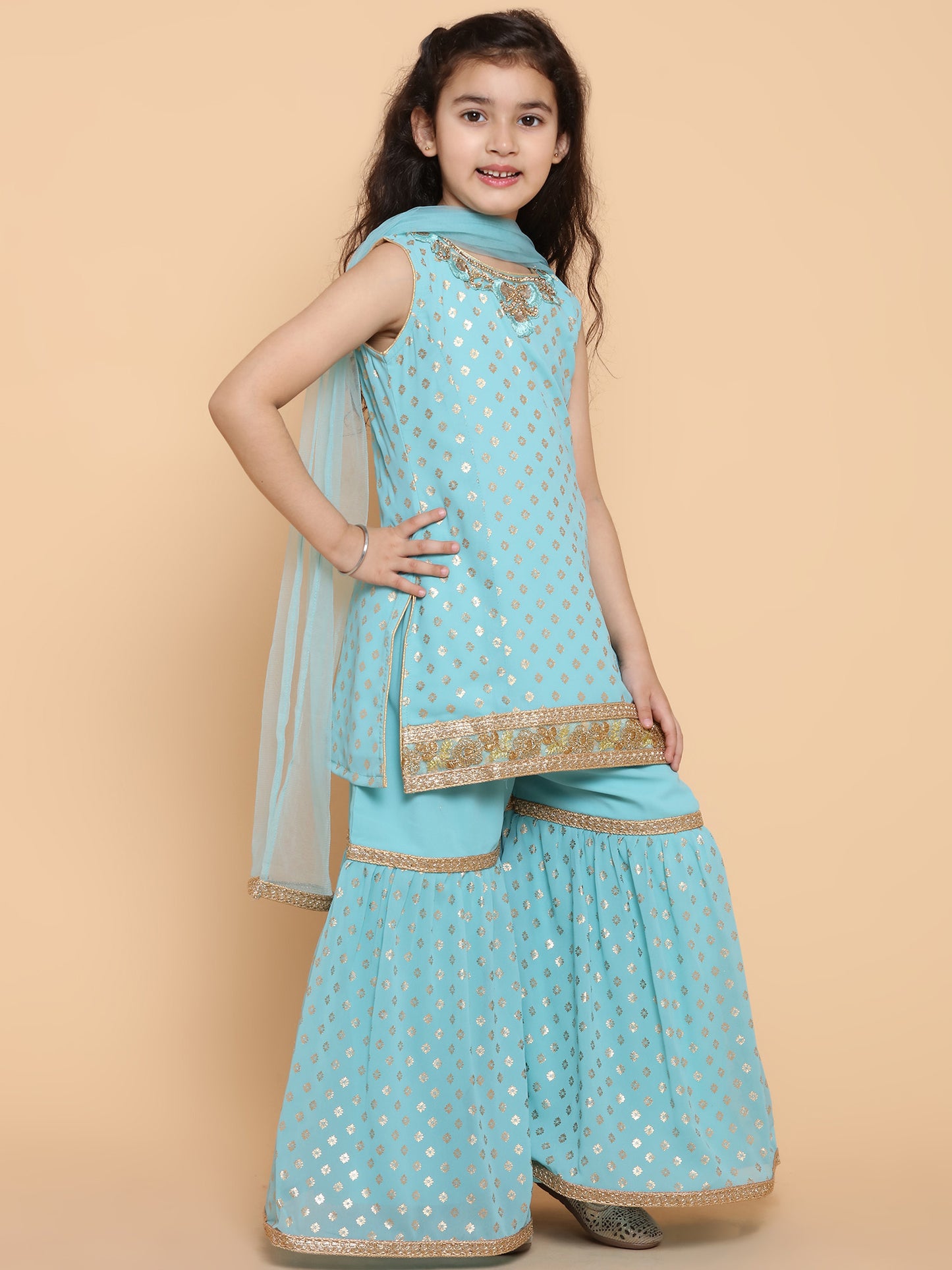 Kids Girls Firozi Foil Print Georgette Sharara