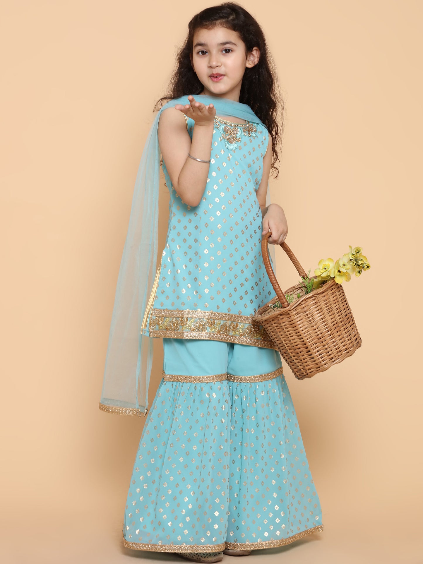 Kids Girls Firozi Foil Print Georgette Sharara