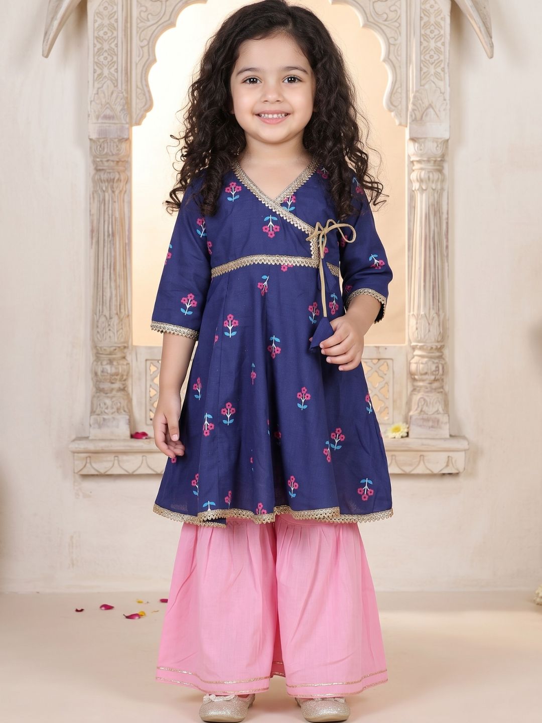 Girls Blue Floral Print Pure Cotton Kurti with Sharara for Kids