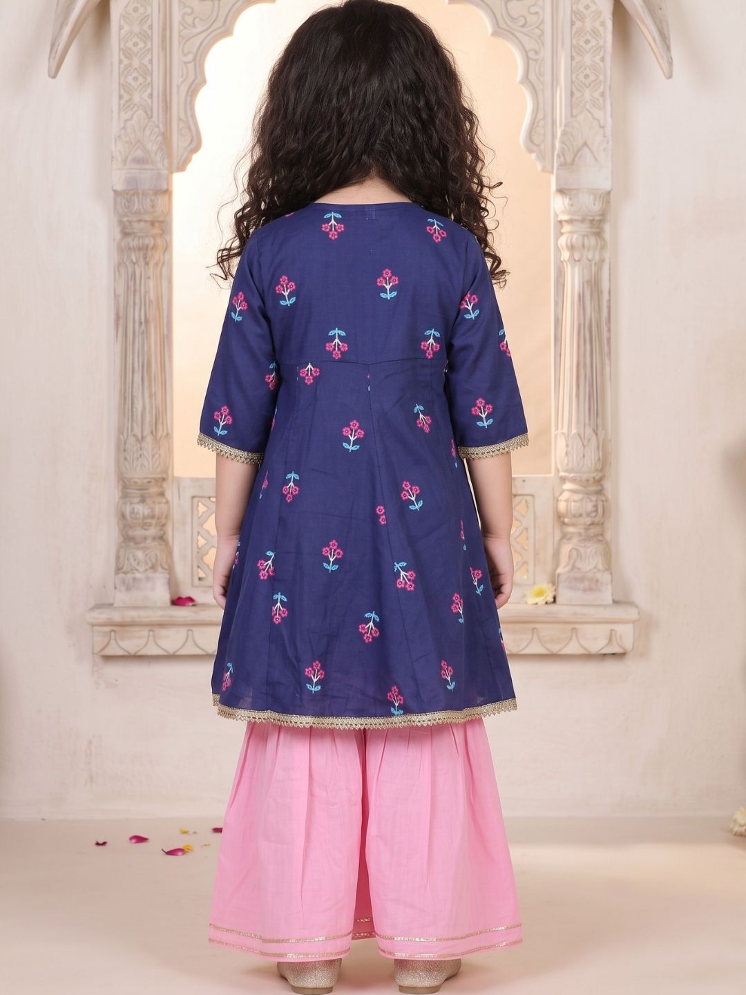 Girls Blue Floral Print Pure Cotton Kurti with Sharara for Kids
