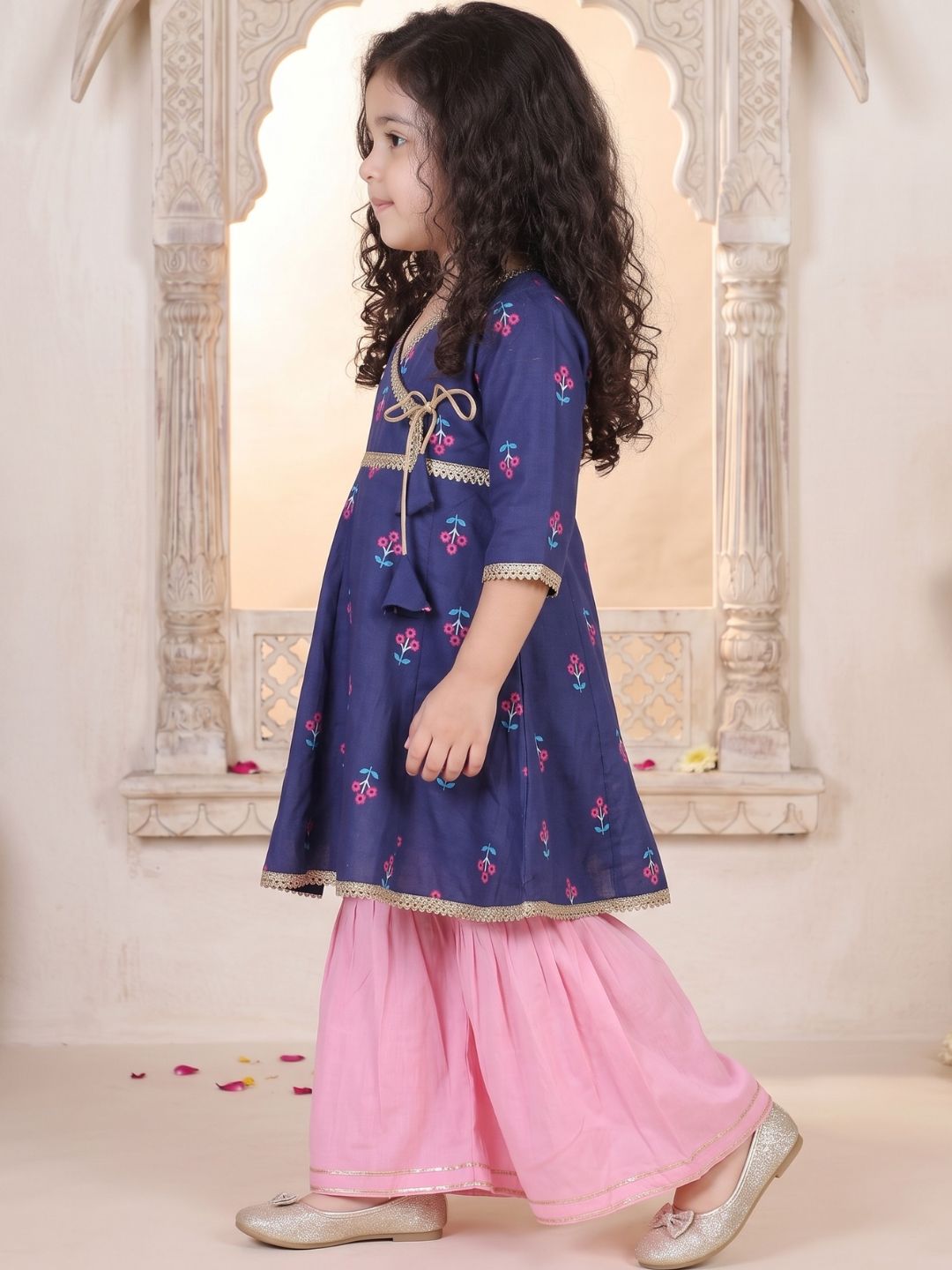 Girls Blue Floral Print Pure Cotton Kurti with Sharara for Kids