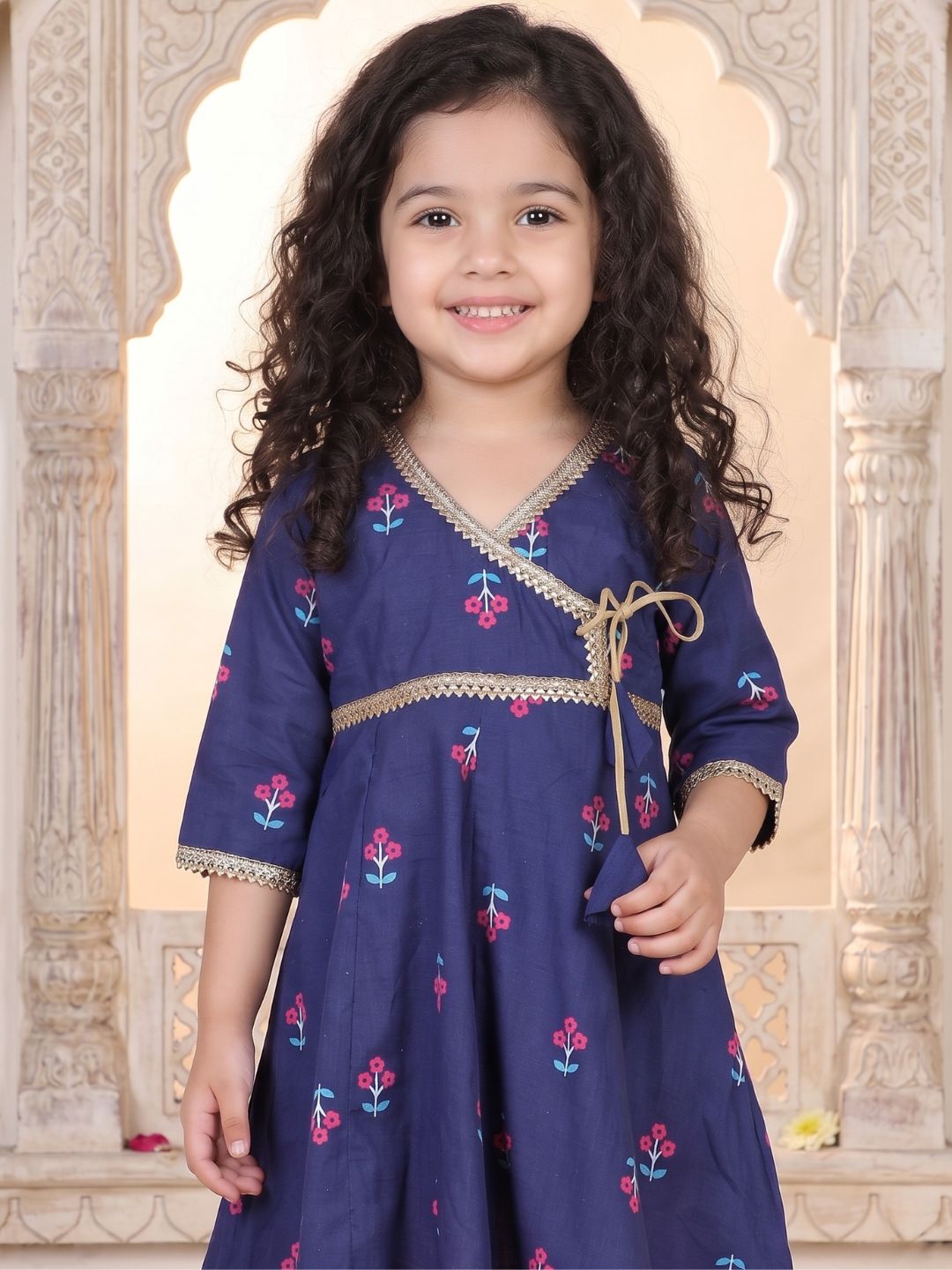 Girls Blue Floral Print Pure Cotton Kurti with Sharara for Kids