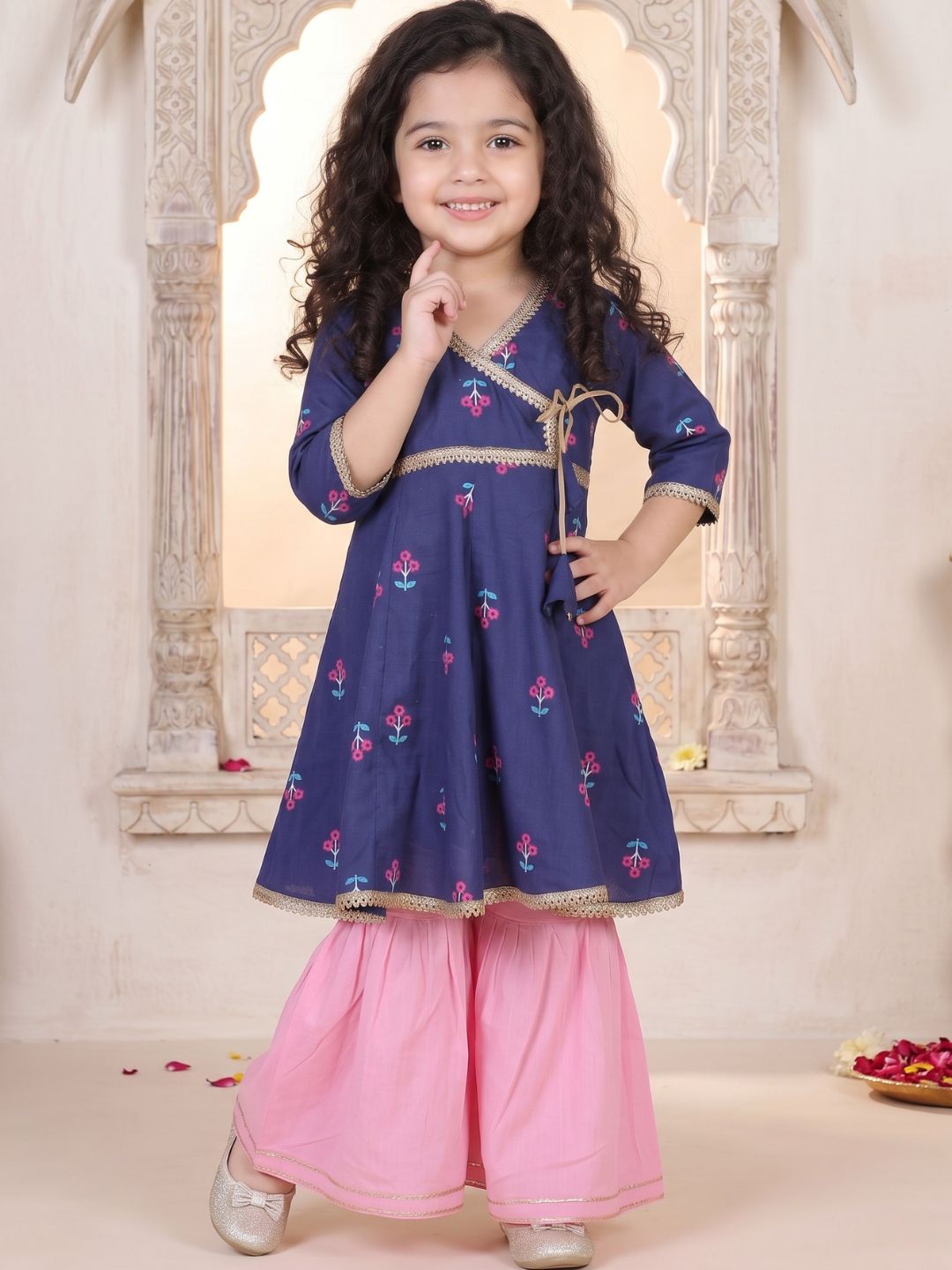 Girls Blue Floral Print Pure Cotton Kurti with Sharara for Kids