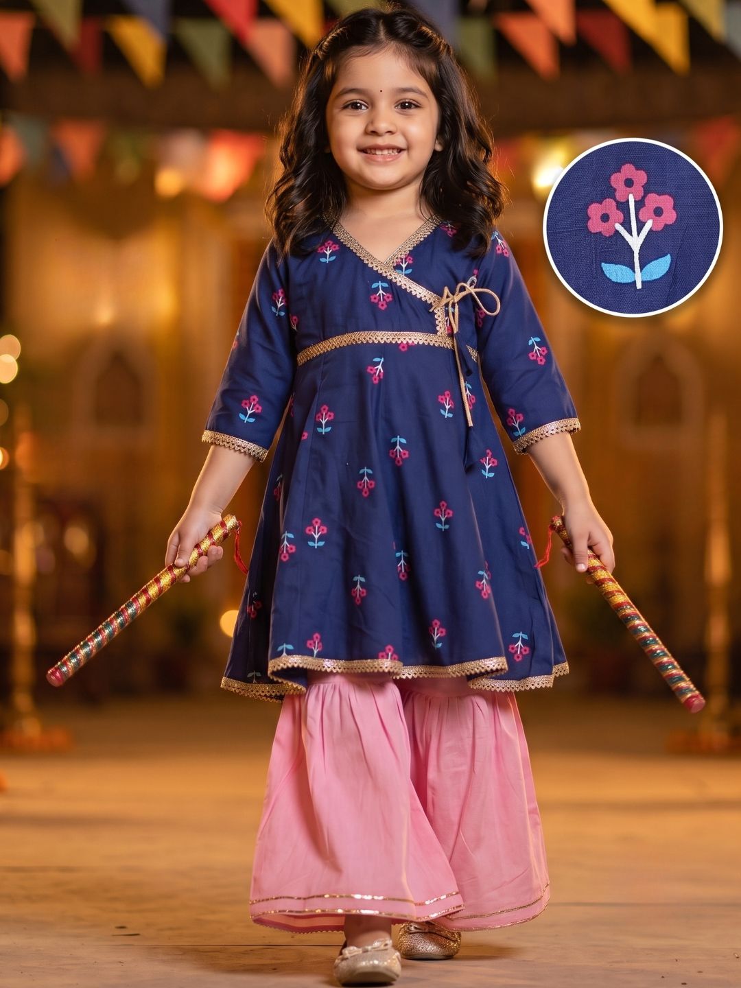 Girls Blue Floral Print Pure Cotton Kurti with Sharara for Kids