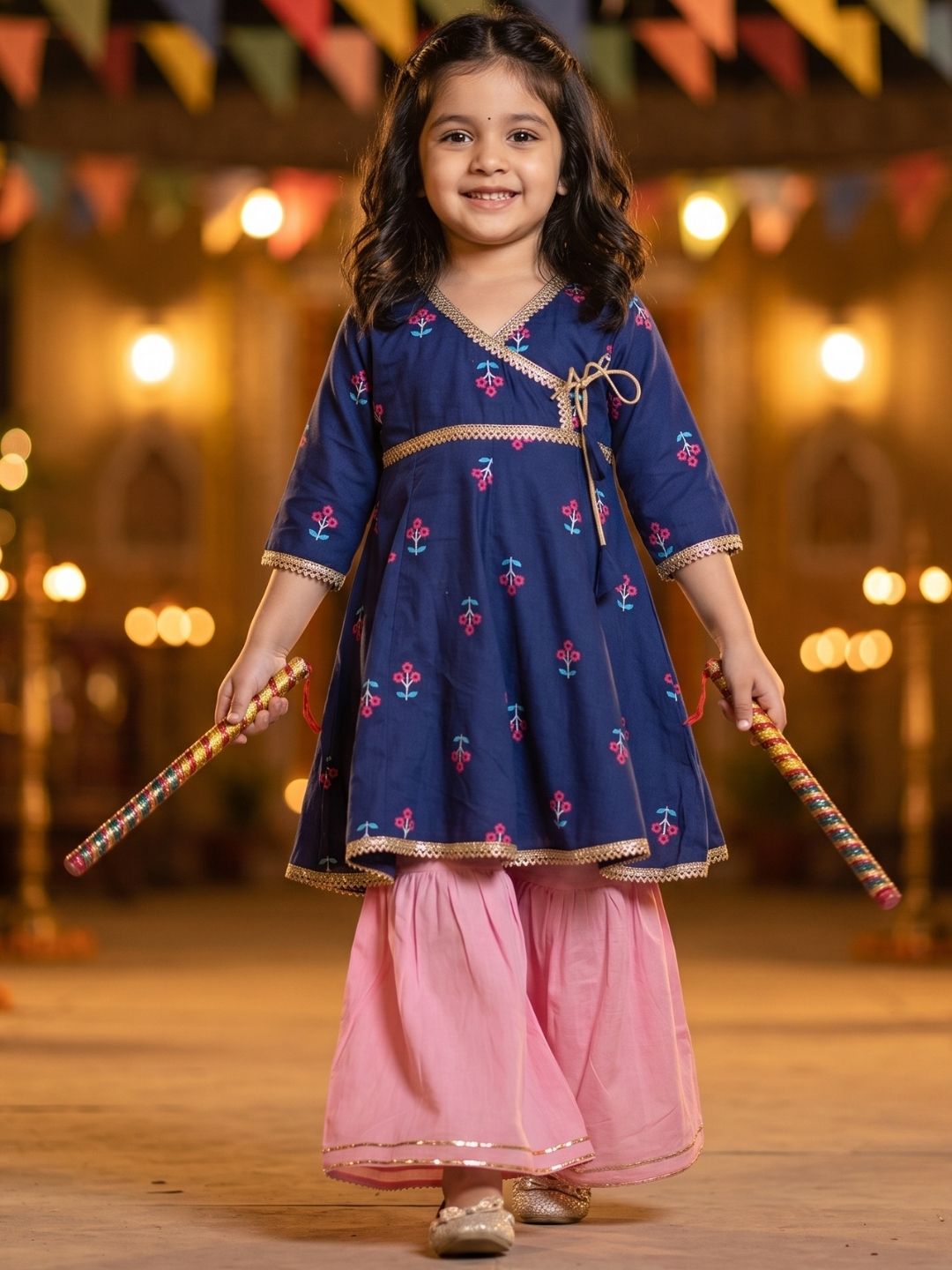 Girls Blue Floral Print Pure Cotton Kurti with Sharara for Kids