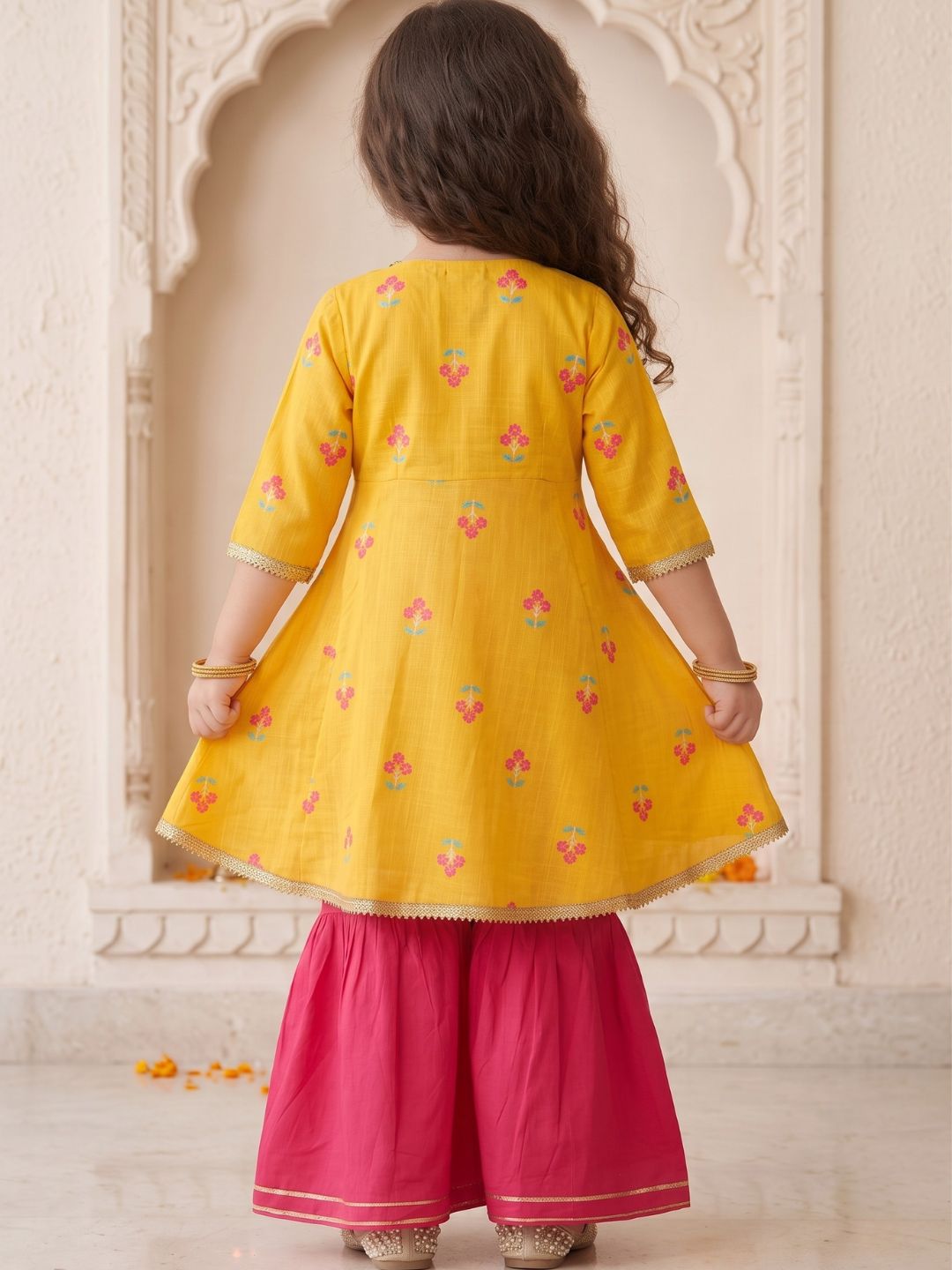 Girls Yellow Floral Print Pure Cotton Kurti with Sharara for Kids