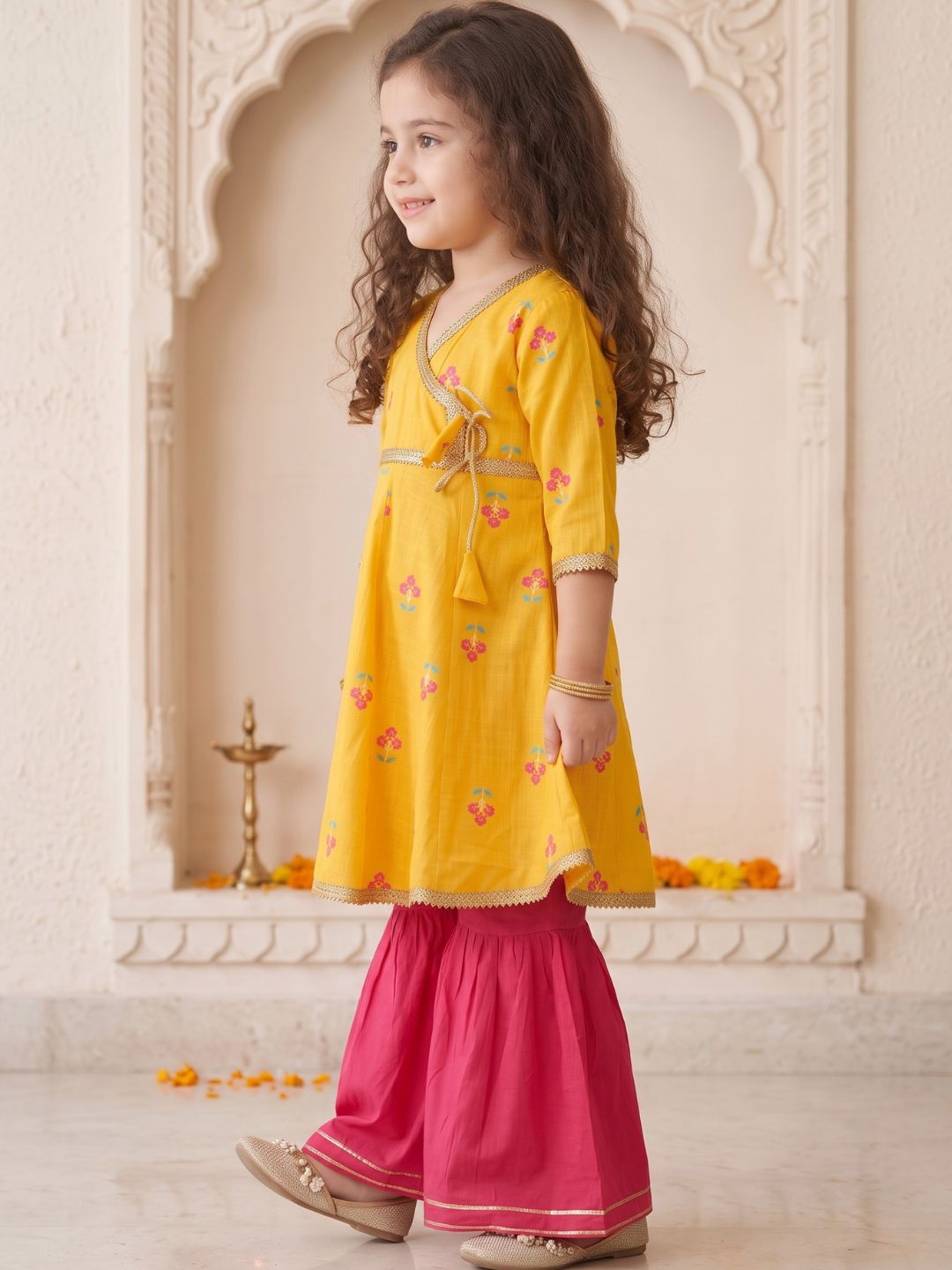 Girls Yellow Floral Print Pure Cotton Kurti with Sharara for Kids
