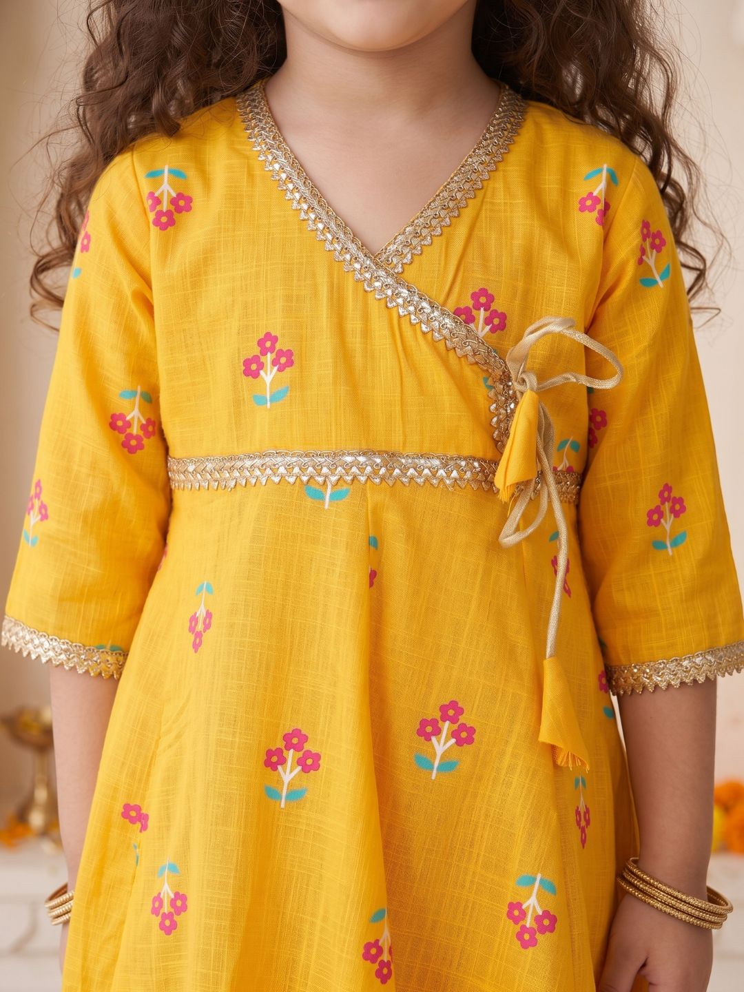 Girls Yellow Floral Print Pure Cotton Kurti with Sharara for Kids