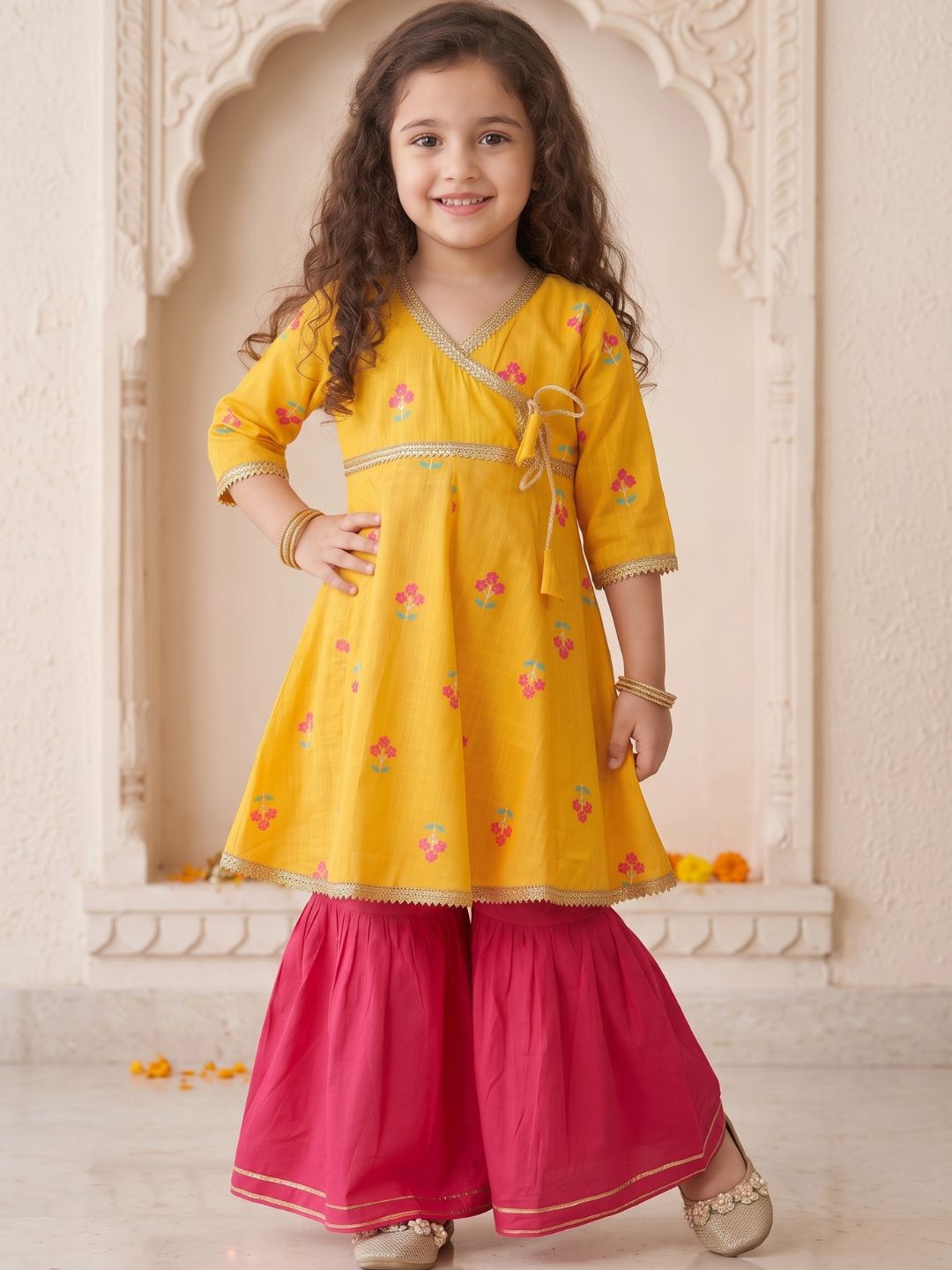 Girls Yellow Floral Print Pure Cotton Kurti with Sharara for Kids