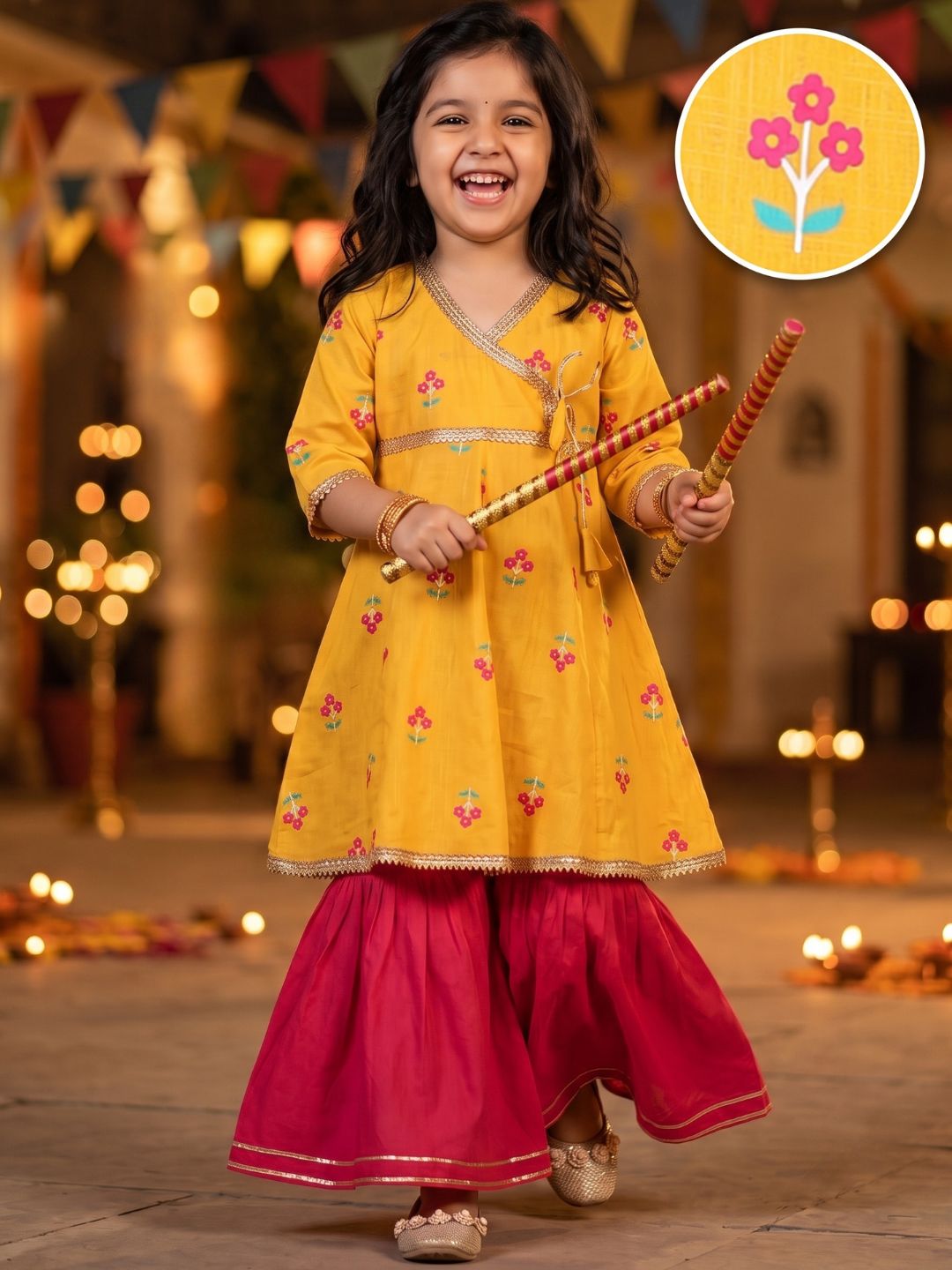 Girls Yellow Floral Print Pure Cotton Kurti with Sharara for Kids