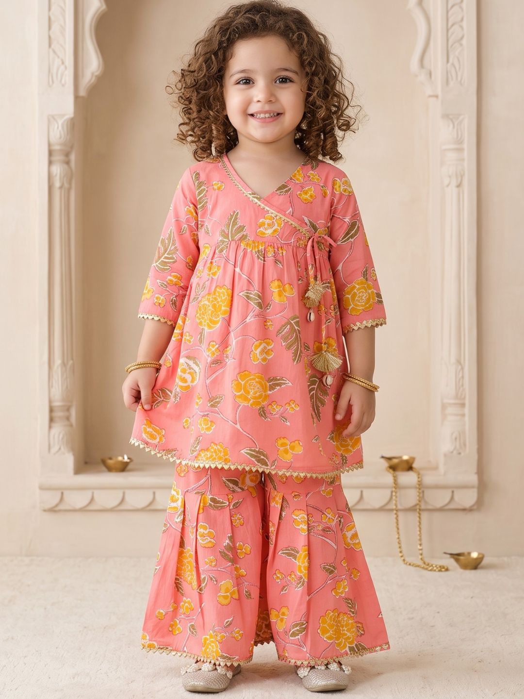 Girls Peach Floral Print Pure Cotton Sharara for Kids