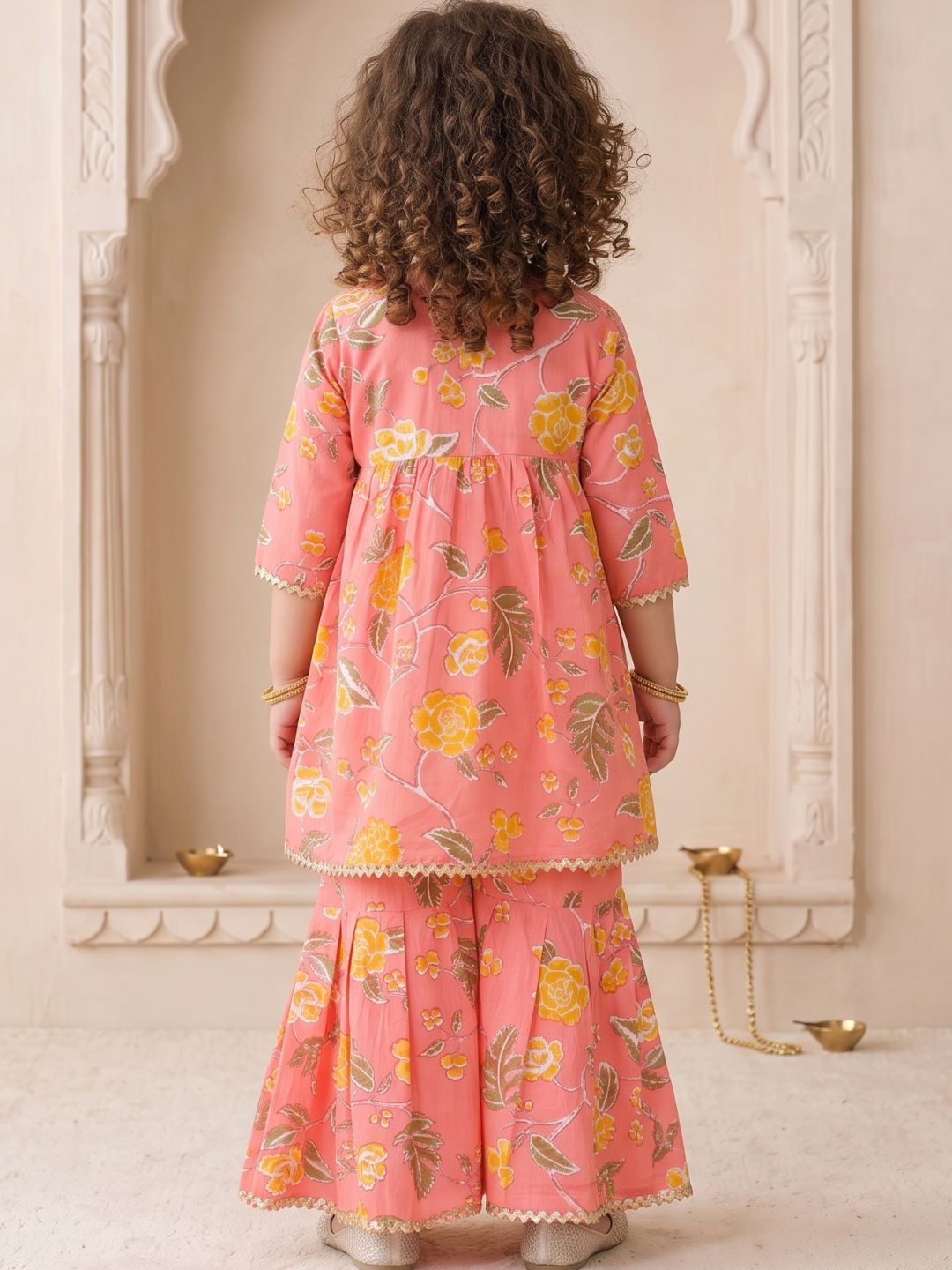 Girls Peach Floral Print Pure Cotton Sharara for Kids