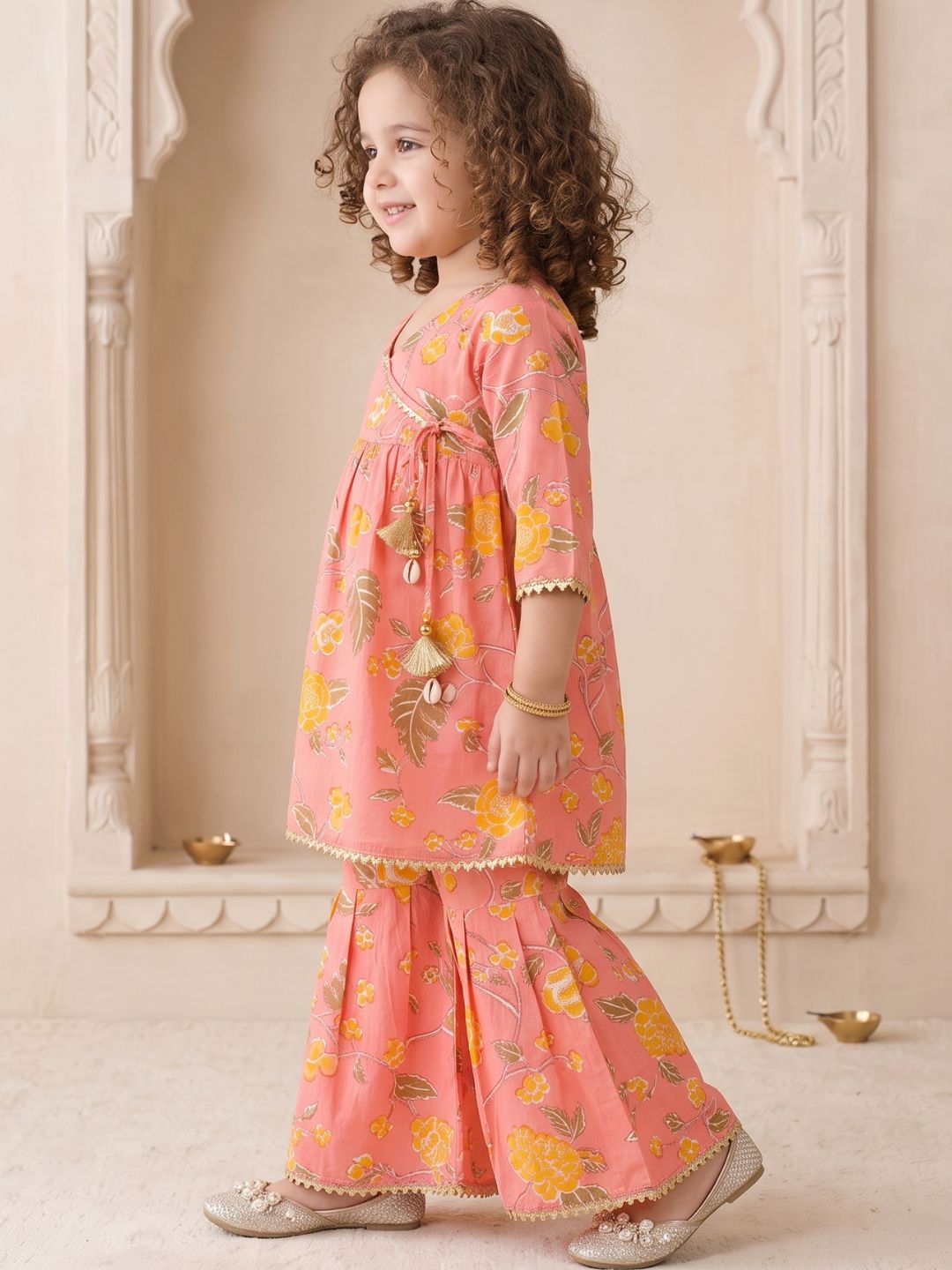 Girls Peach Floral Print Pure Cotton Sharara for Kids