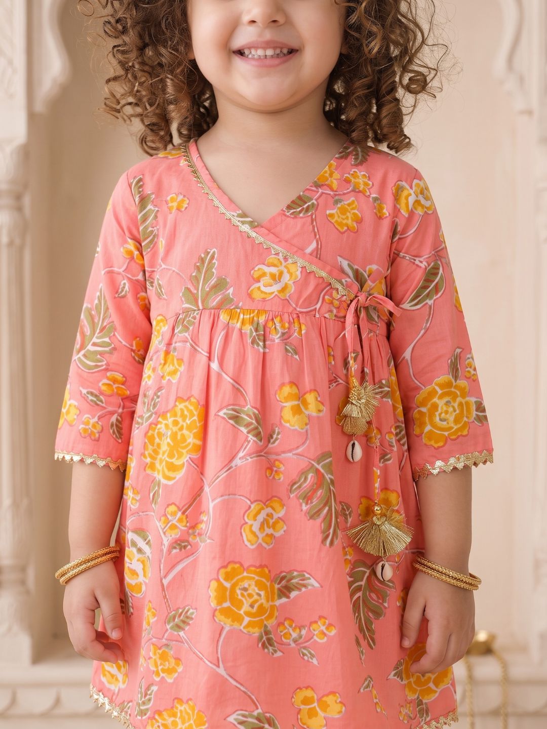 Girls Peach Floral Print Pure Cotton Sharara for Kids